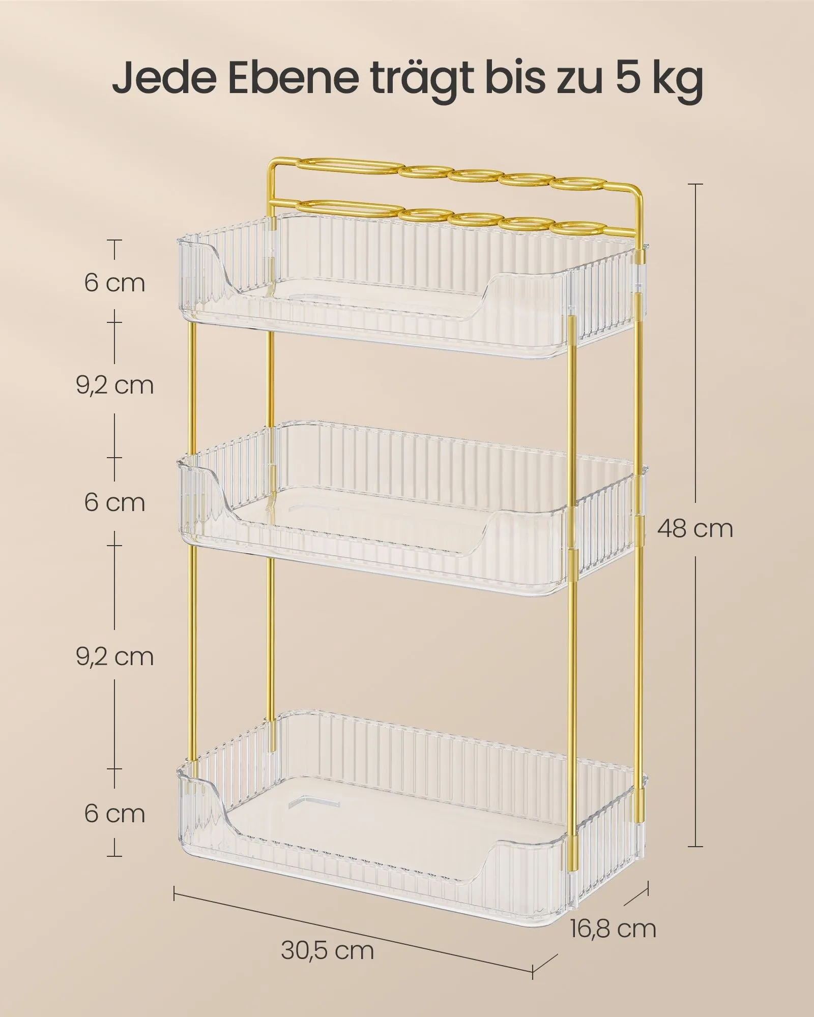 Rootz 3 Tray Cosmetic Organizer - Vanity Organizer - Makeup Storage - Metal and PET Plastic - 30.5cm x 16.8cm x 48cm