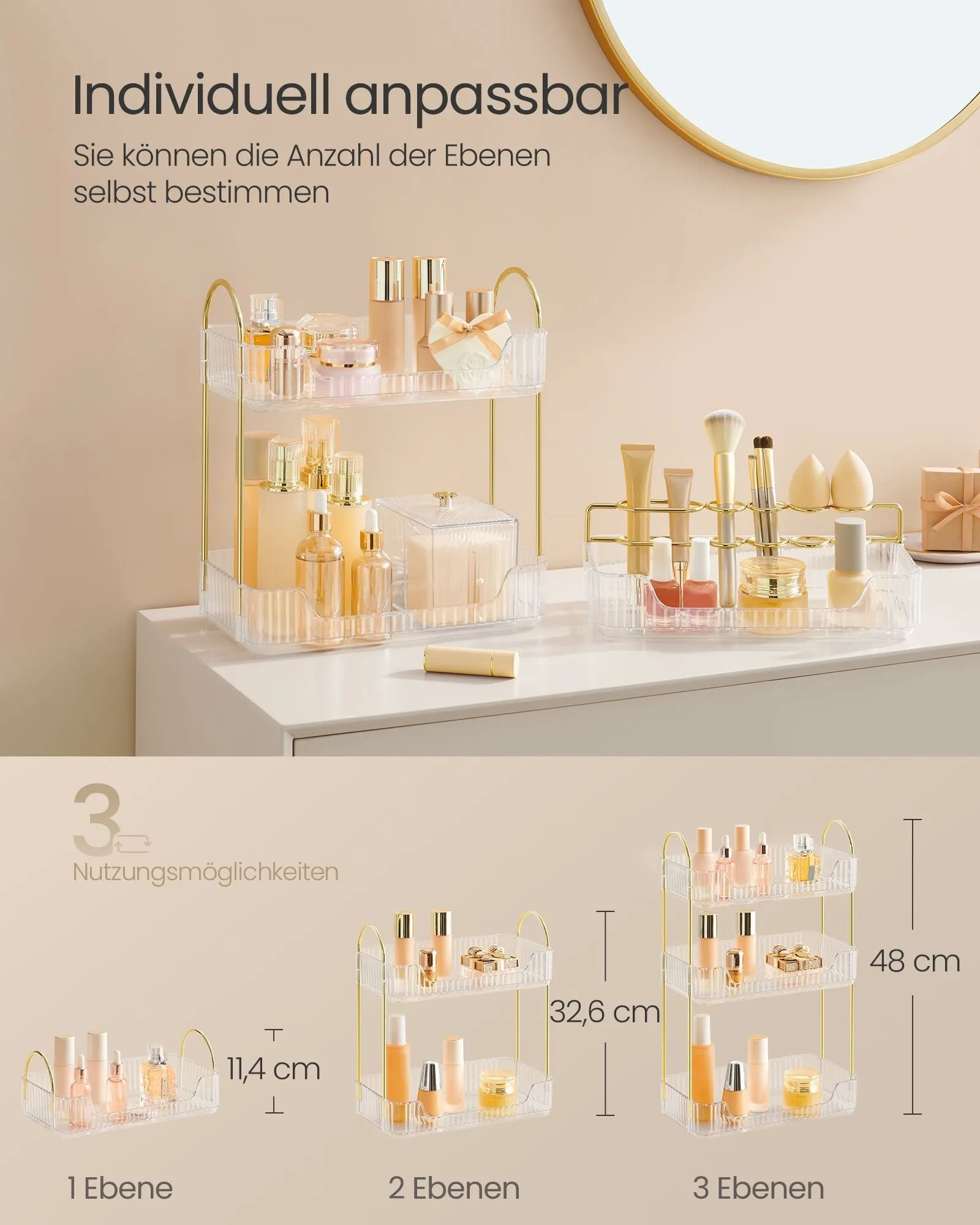 Rootz 3 Tray Cosmetic Organizer - Vanity Organizer - Makeup Storage - Metal and PET Plastic - 30.5cm x 16.8cm x 48cm