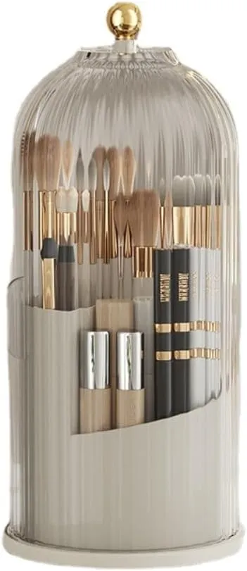Rotating Makeup Brush Holder with Clear Lid – 360° Makeup Brush Organizer for All Brush Sizes, Durable Dustproof Storage Stand with Large Capacity, Easy to Clean, No Assembly (White/Transparent)