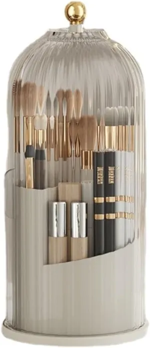 Rotating Makeup Brush Holder with Clear Lid – 360° Makeup Brush Organizer for All Brush Sizes, Durable Dustproof Storage Stand with Large Capacity, Easy to Clean, No Assembly (White/Transparent)