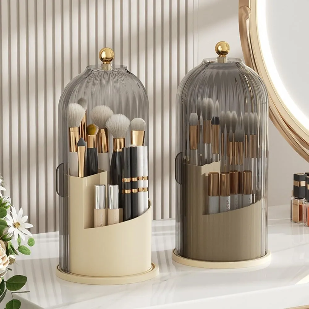 Rotating Makeup Brush Holder with Clear Lid – 360° Makeup Brush Organizer for All Brush Sizes, Durable Dustproof Storage Stand with Large Capacity, Easy to Clean, No Assembly (White/Transparent)