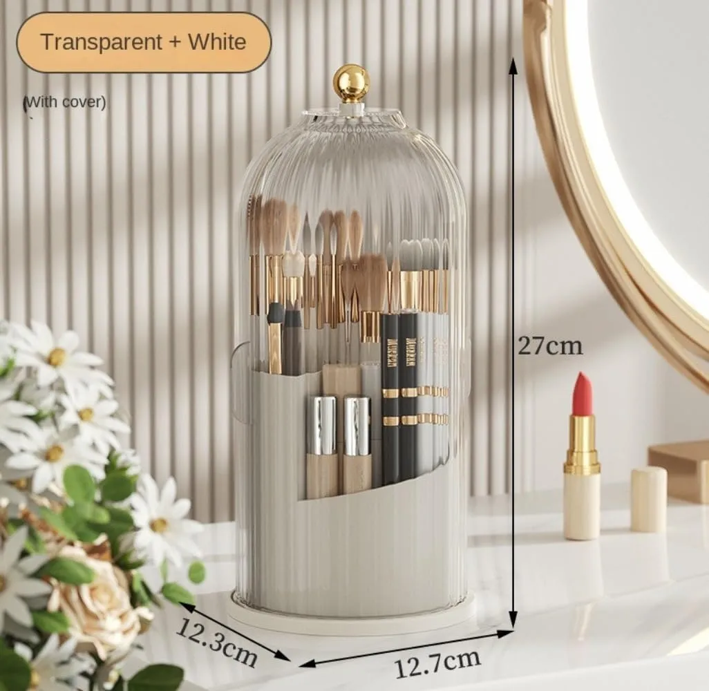 Rotating Makeup Brush Holder with Clear Lid – 360° Makeup Brush Organizer for All Brush Sizes, Durable Dustproof Storage Stand with Large Capacity, Easy to Clean, No Assembly (White/Transparent)