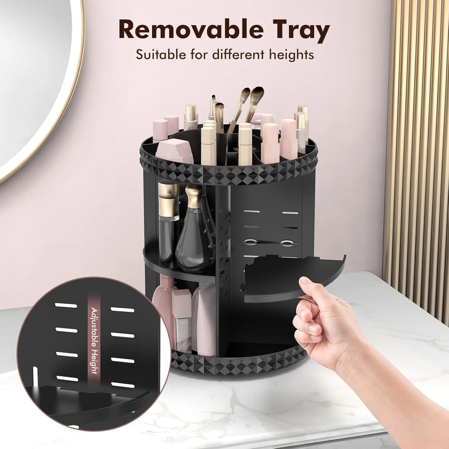 Rotating Makeup Organizer, 360° Spinning Skincare Organizers, Adjustable Layer Cosmetic Storage Lazy Susan Makeup Organizers for Dresser Bathroom, Medium, Black