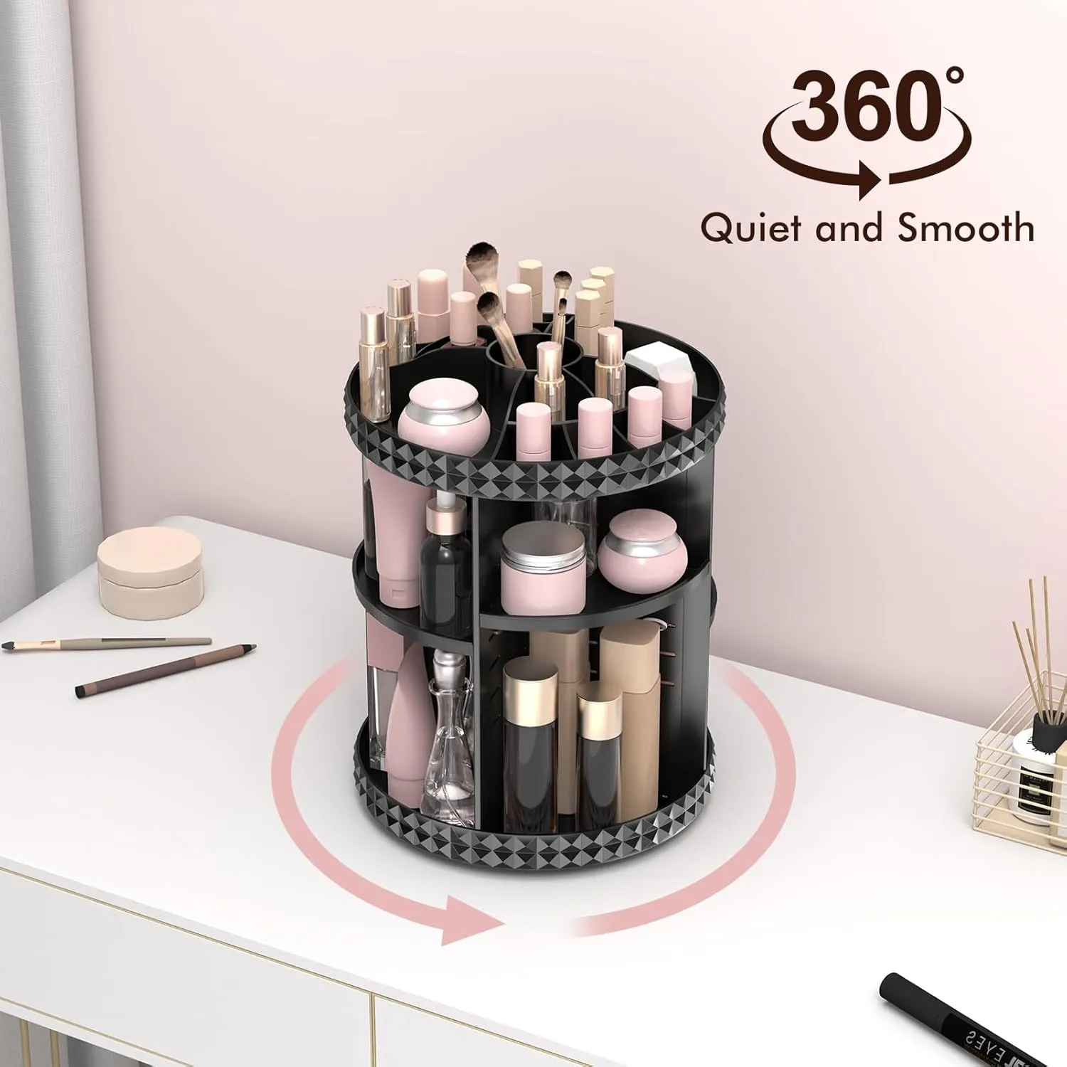 Rotating Makeup Organizer, 360° Spinning Skincare Organizers, Adjustable Layer Cosmetic Storage Lazy Susan Makeup Organizers for Dresser Bathroom, Medium, Black