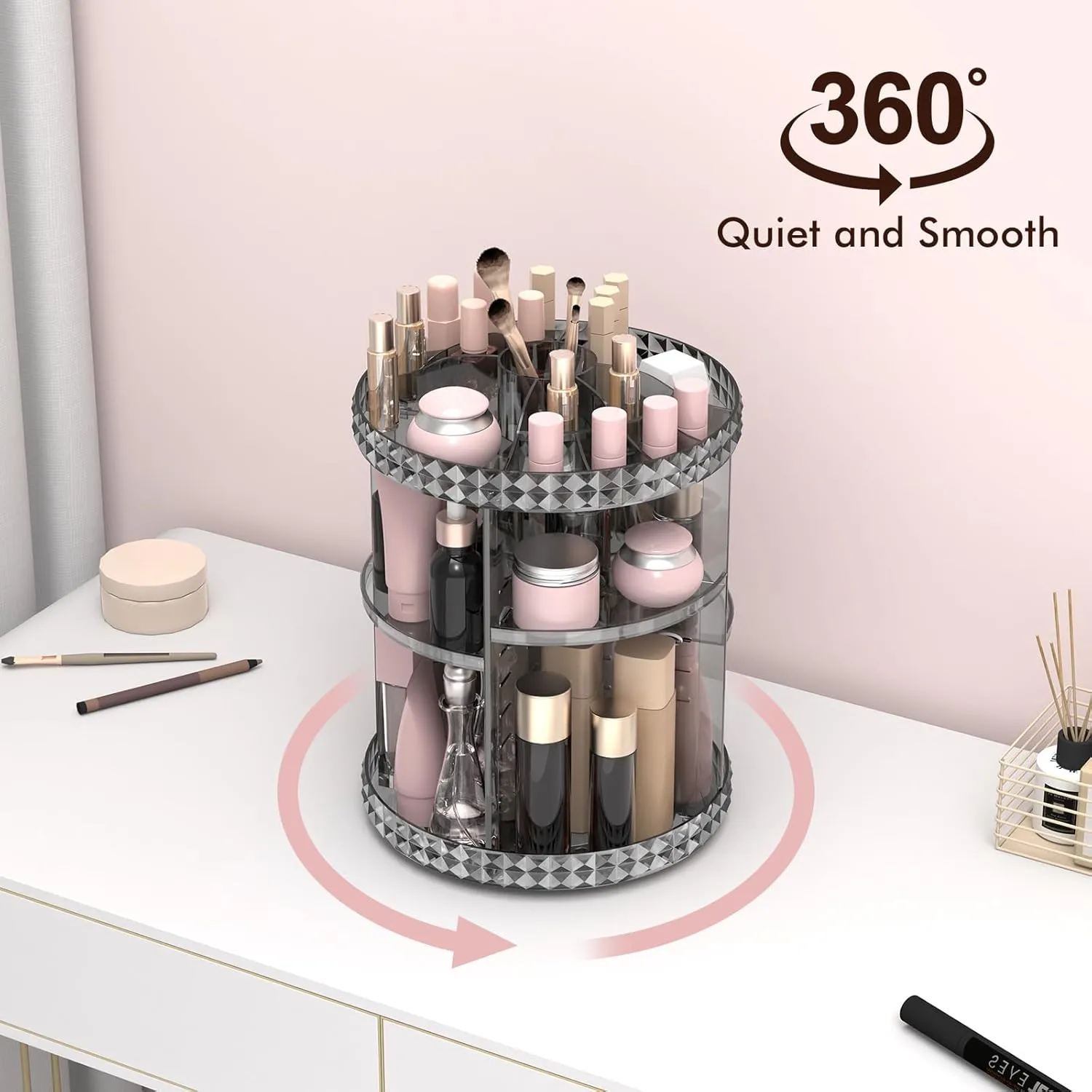 Rotating Makeup Organizer, 360° Spinning Skincare Organizers, Adjustable Layer Cosmetic Storage Lazy Susan Makeup Organizers for Dresser Bathroom, Medium, Gray