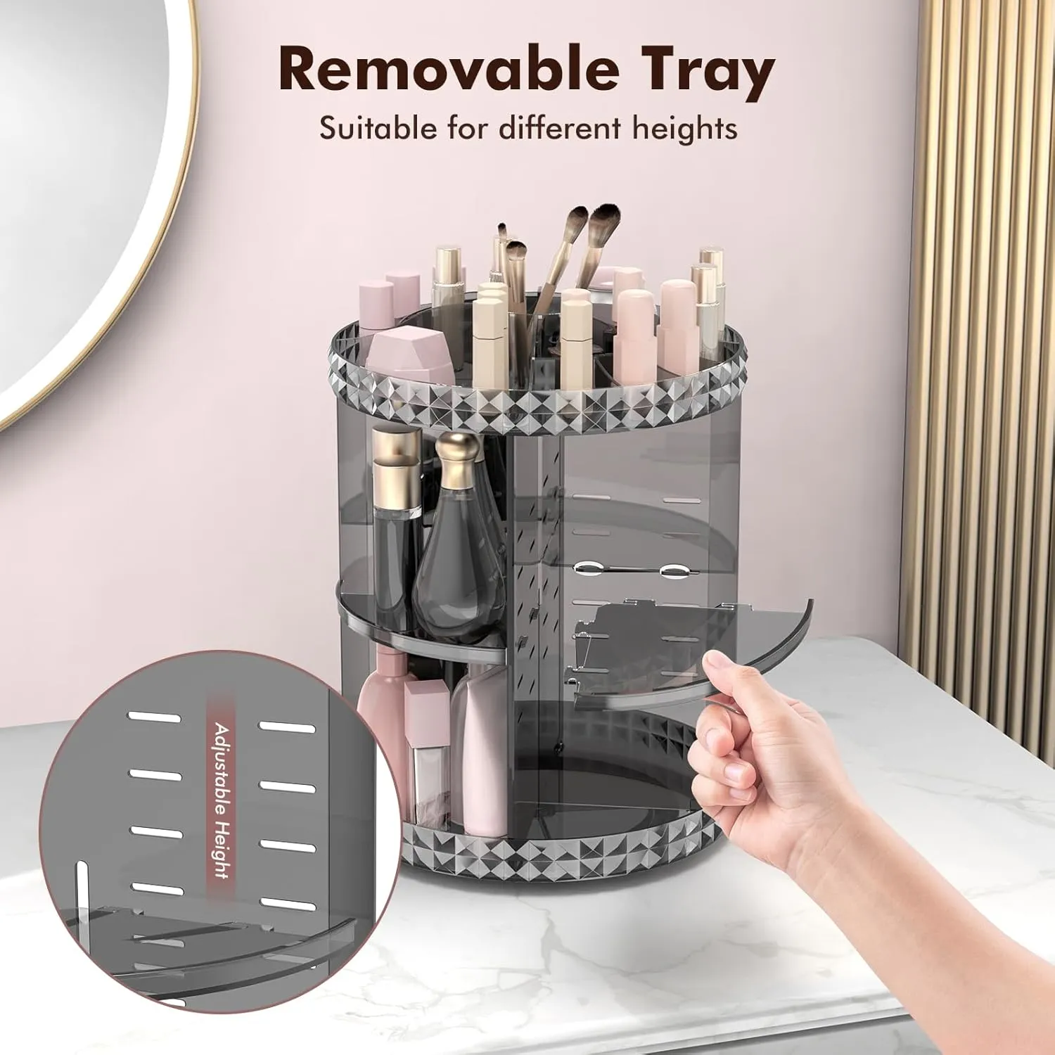 Rotating Makeup Organizer, 360° Spinning Skincare Organizers, Adjustable Layer Cosmetic Storage Lazy Susan Makeup Organizers for Dresser Bathroom, Medium, Gray