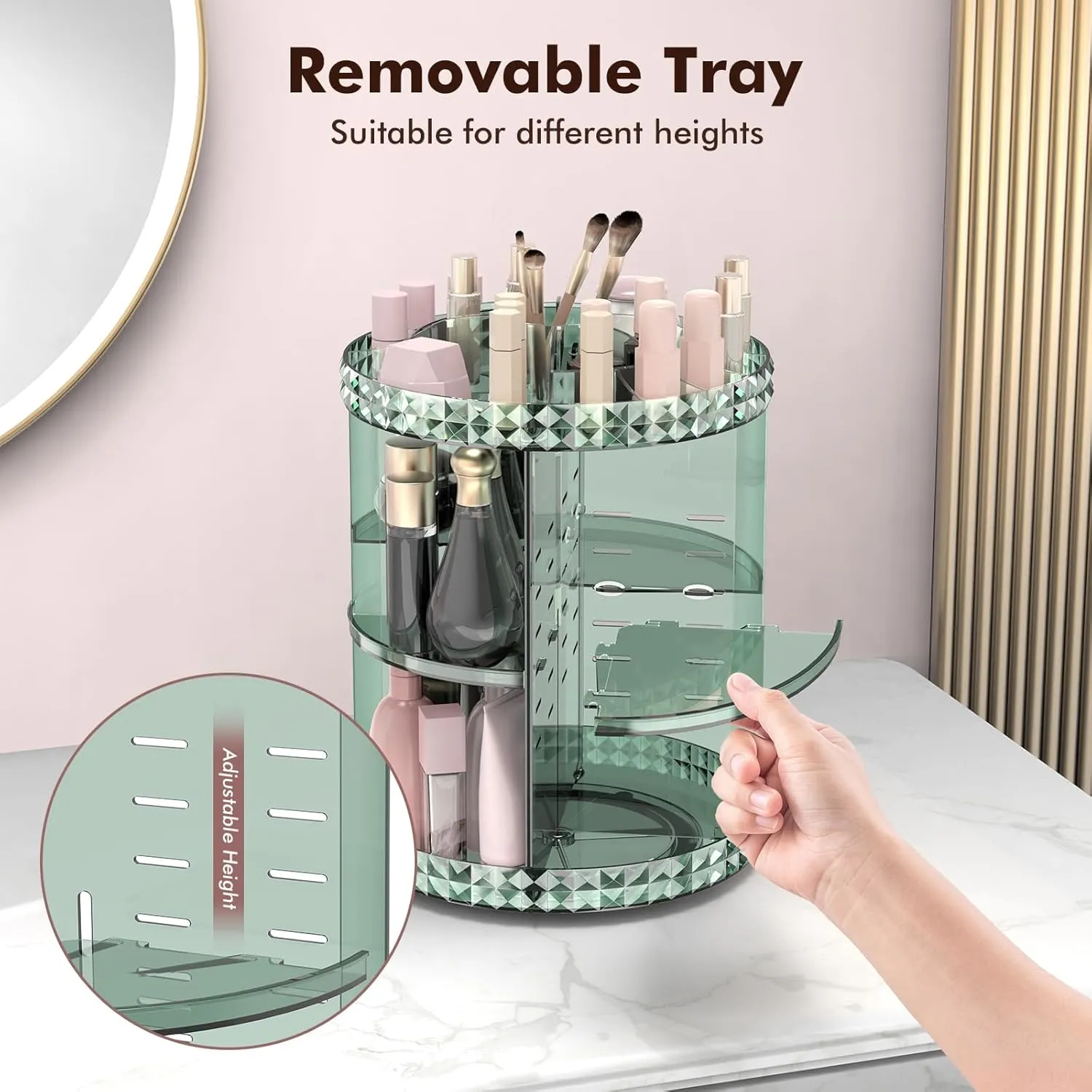 Rotating Makeup Organizer, 360° Spinning Skincare Organizers, Adjustable Layer Cosmetic Storage Lazy Susan Makeup Organizers for Dresser Bathroom, Medium, Green