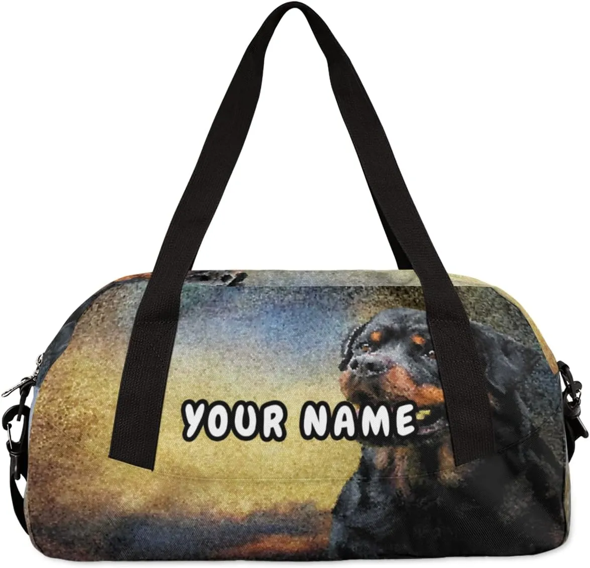 Rottweiler Dog Personalized Kids Duffel Bag for Girls Boys, Dog Debris Custom Name Dance Bag Overnight Small Duffel Bag Carry On Weekend Sports Travel Bag for School Practice Gymnastics Ballet