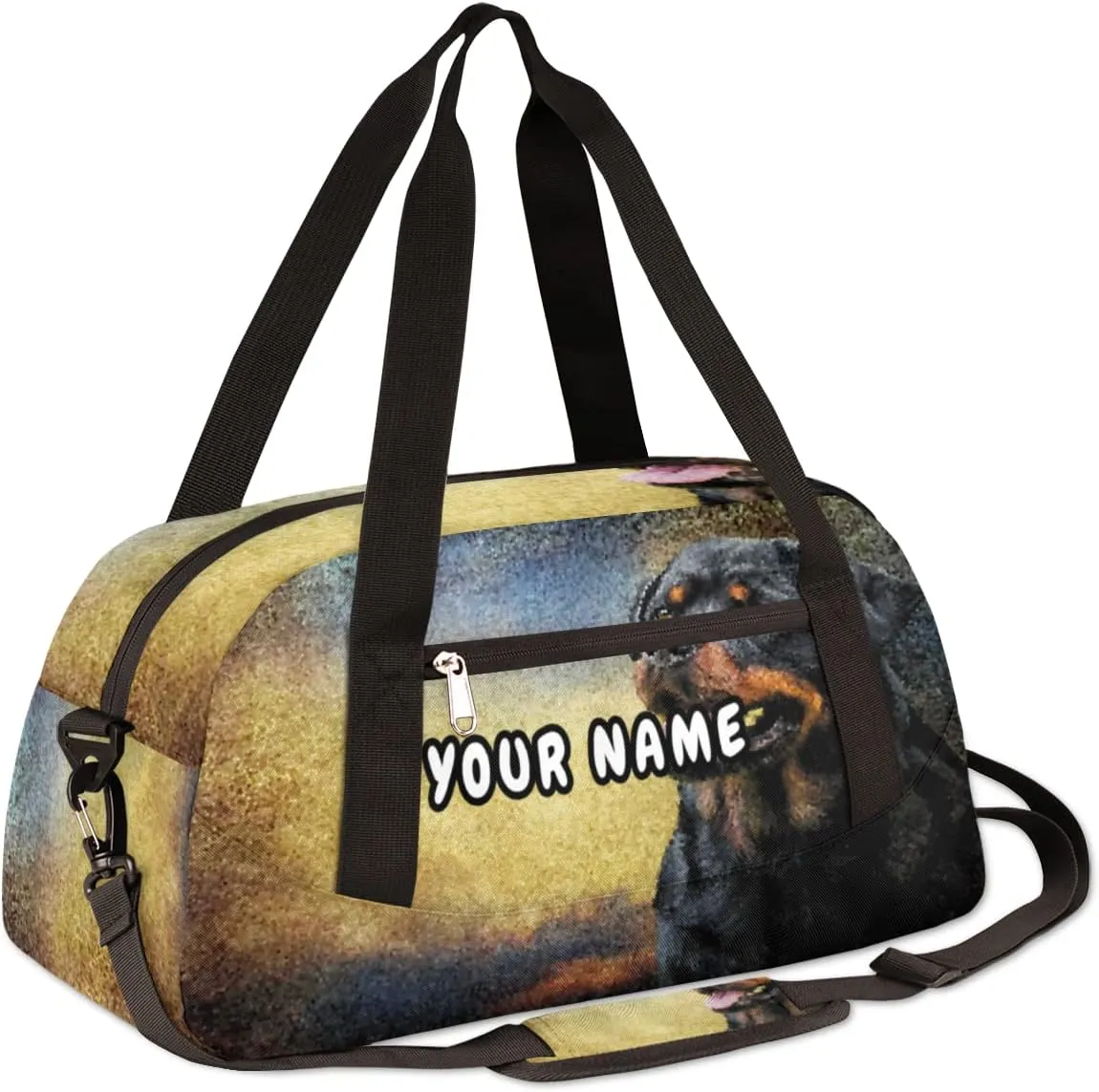 Rottweiler Dog Personalized Kids Duffel Bag for Girls Boys, Dog Debris Custom Name Dance Bag Overnight Small Duffel Bag Carry On Weekend Sports Travel Bag for School Practice Gymnastics Ballet