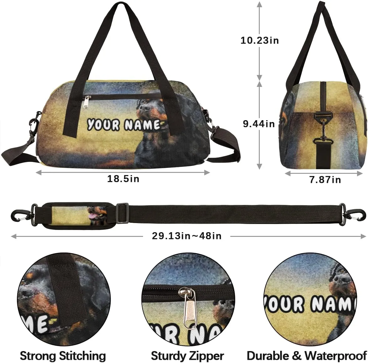 Rottweiler Dog Personalized Kids Duffel Bag for Girls Boys, Dog Debris Custom Name Dance Bag Overnight Small Duffel Bag Carry On Weekend Sports Travel Bag for School Practice Gymnastics Ballet