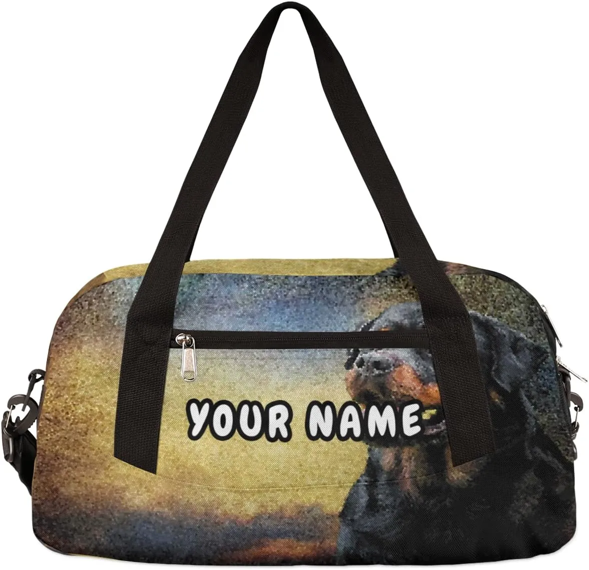 Rottweiler Dog Personalized Kids Duffel Bag for Girls Boys, Dog Debris Custom Name Dance Bag Overnight Small Duffel Bag Carry On Weekend Sports Travel Bag for School Practice Gymnastics Ballet
