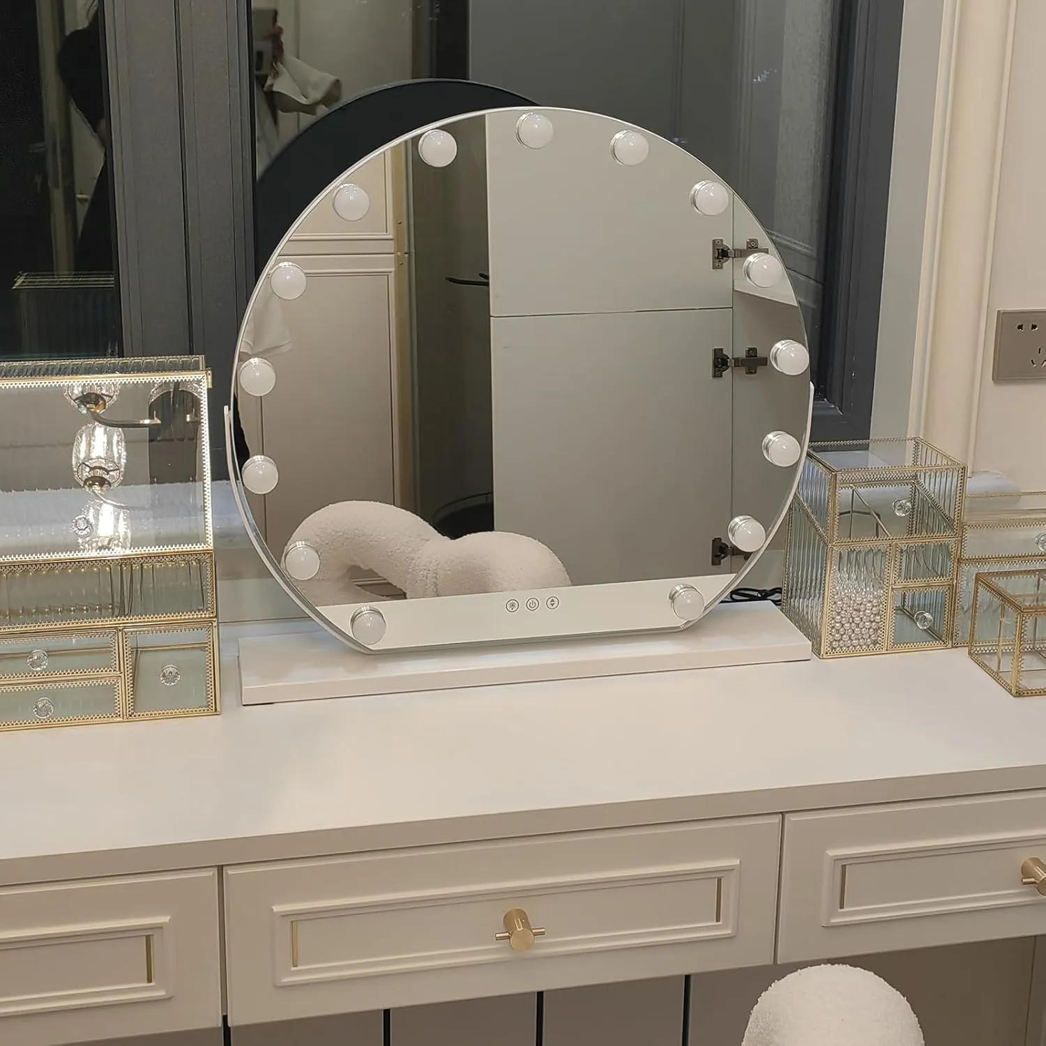 Round Vanity Mirror with Dimmable Bulbs, Lighted Hollywood Makeup Mirror with Touch Control, Metal Frame, 3 Color Lighting Modes, 360°Rotation(White,40cm/15.7in)