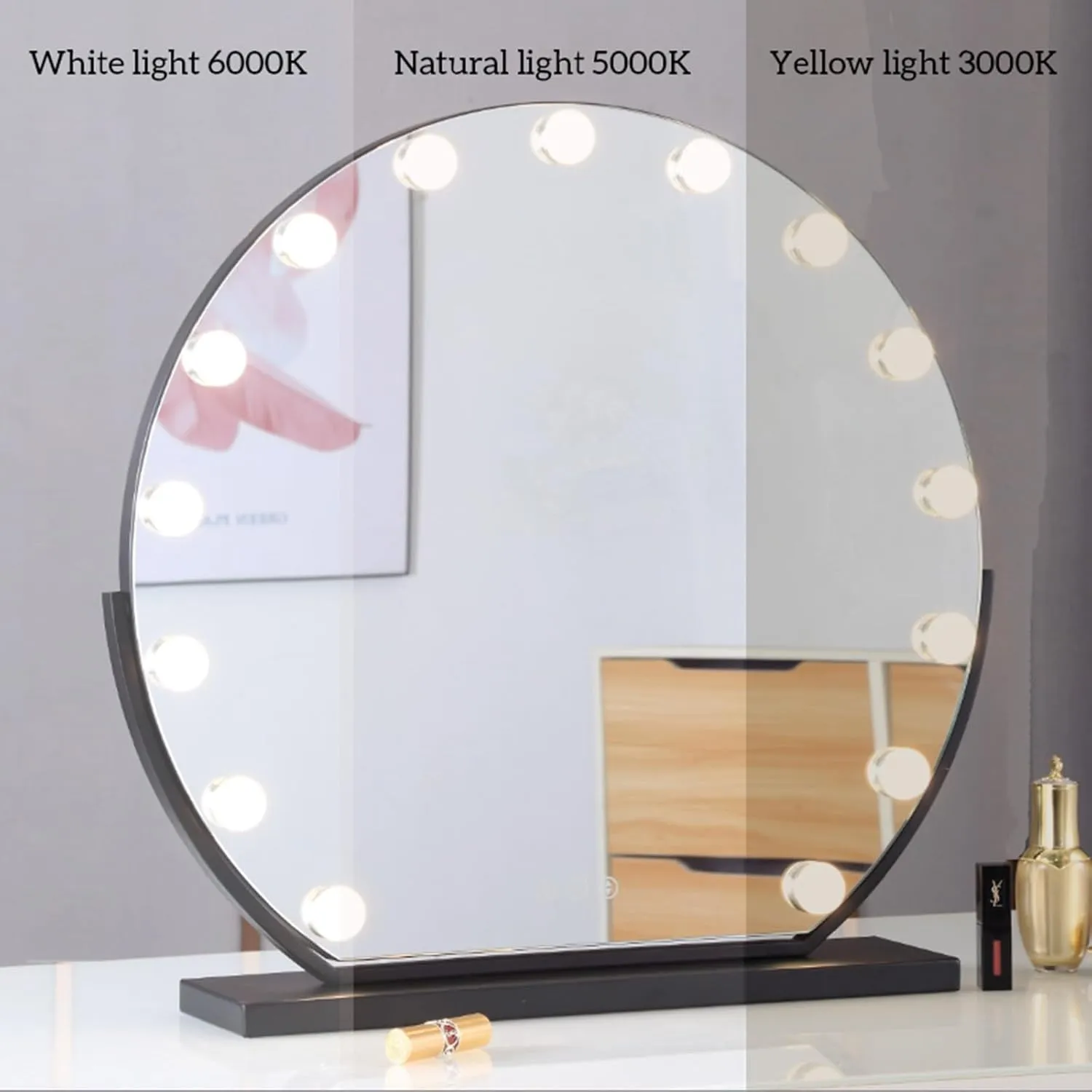 Round Vanity Mirror with Dimmable Bulbs, Lighted Hollywood Makeup Mirror with Touch Control, Metal Frame, 3 Color Lighting Modes, 360°Rotation(White,40cm/15.7in)