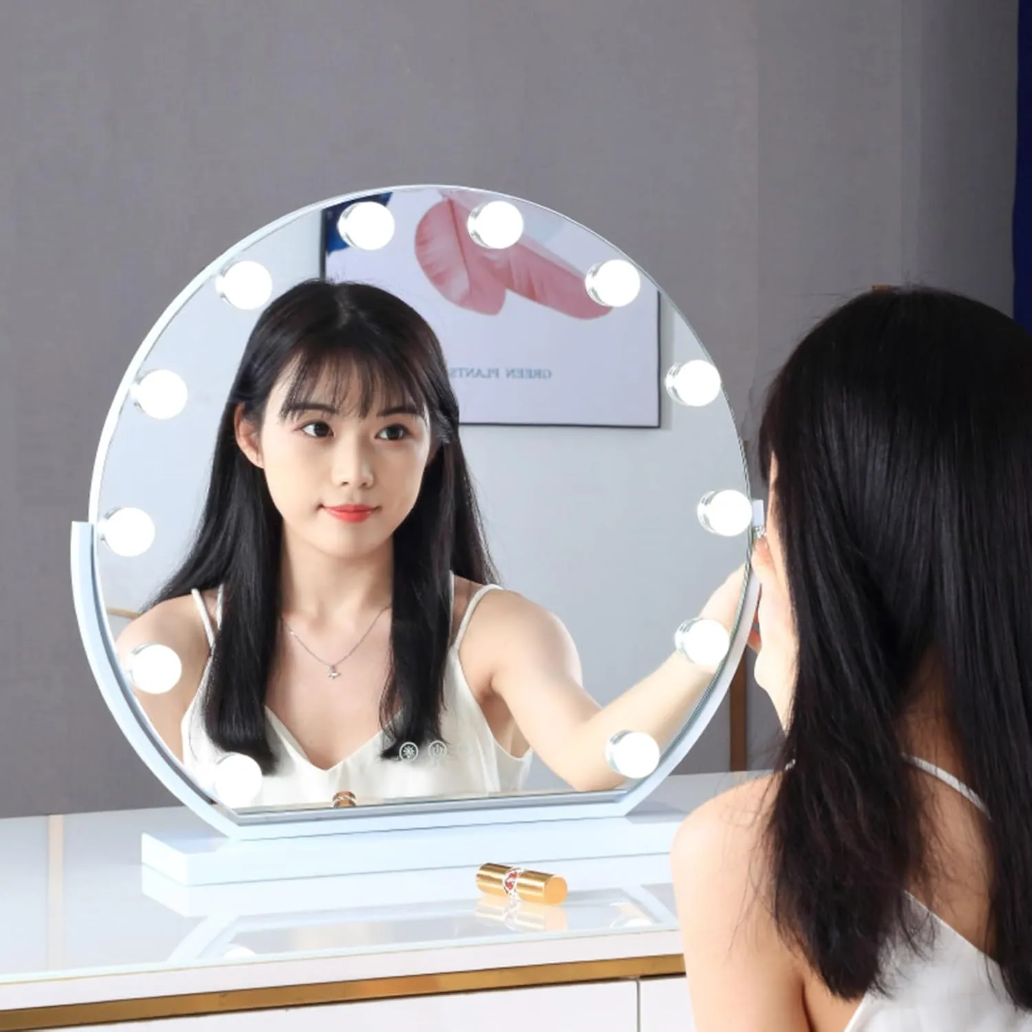 Round Vanity Mirror with Dimmable Bulbs, Lighted Hollywood Makeup Mirror with Touch Control, Metal Frame, 3 Color Lighting Modes, 360°Rotation(White,40cm/15.7in)