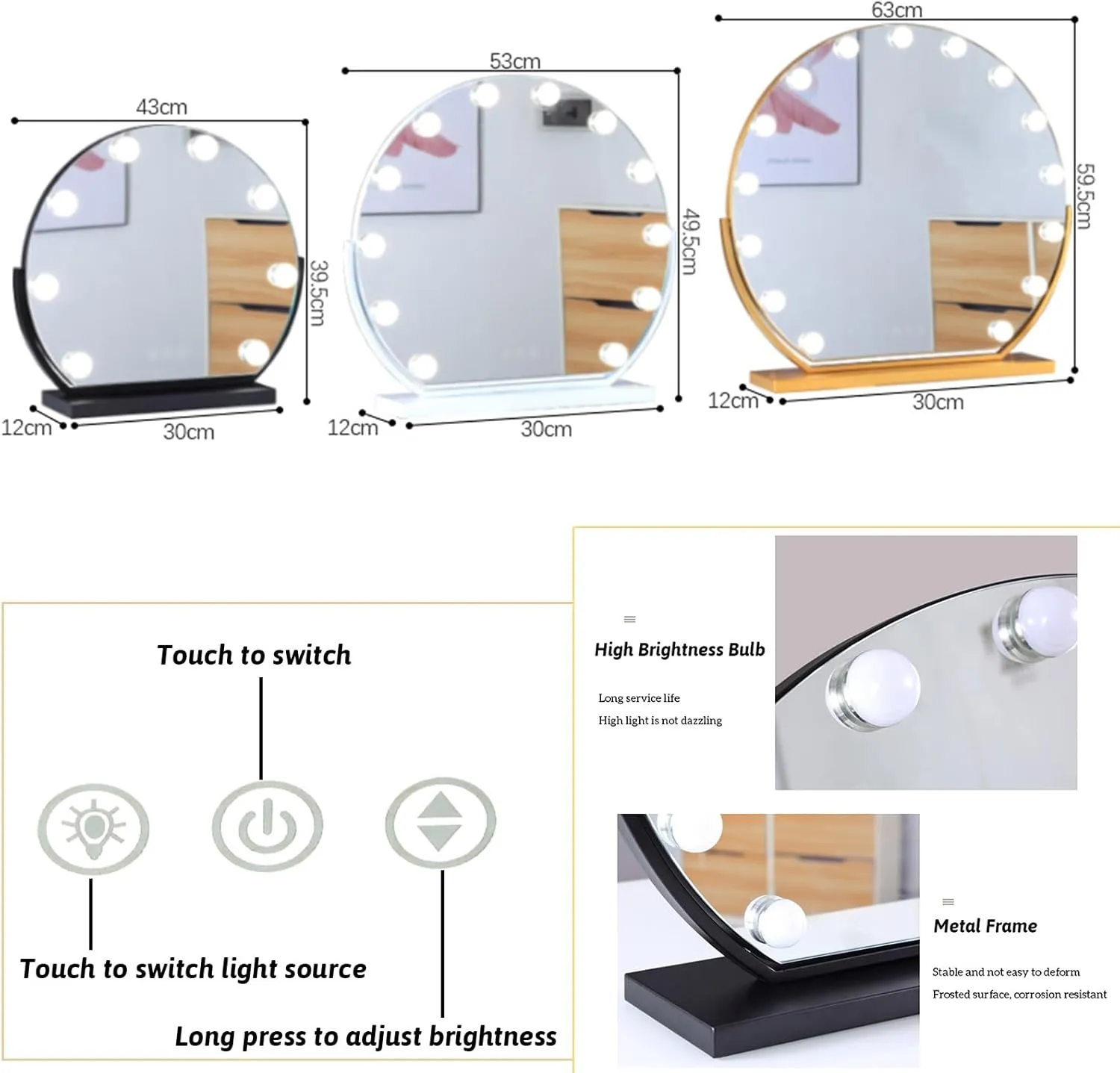 Round Vanity Mirror with Dimmable Bulbs, Lighted Hollywood Makeup Mirror with Touch Control, Metal Frame, 3 Color Lighting Modes, 360°Rotation(White,40cm/15.7in)