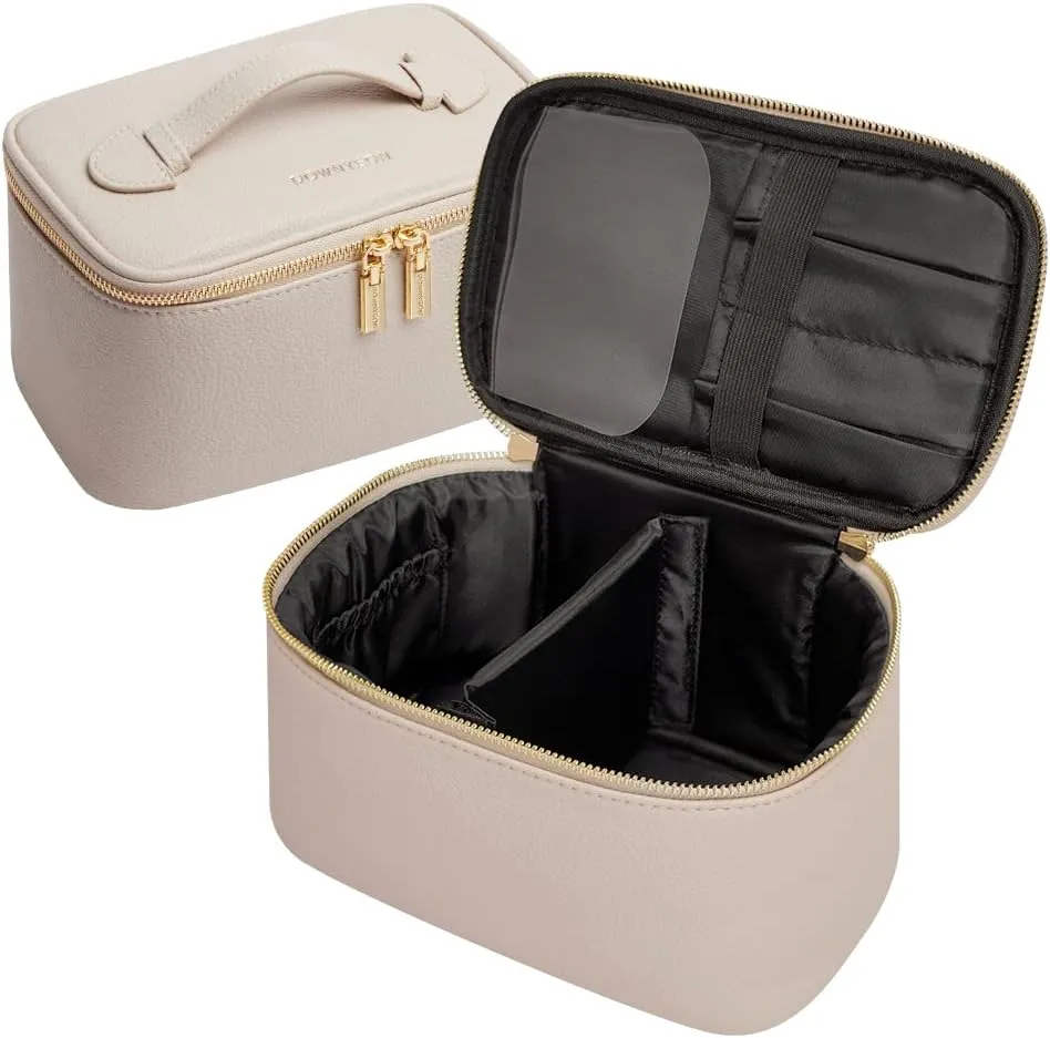 ROWNYEON Large Capacity Cosmetic Bags for Women, Waterproof Leather Portable Toiletry Bag, Hard Shell Brushes Makeup Organizer Travel Essentials Makeup Case With Handle and Divider