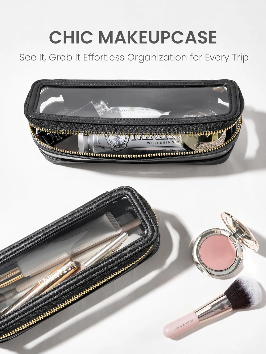ROWNYEON Small Waterproof Toiletry Organizer Train Case, CLear Travel Makeup Bag for Women，Transparent Cosmetic Bag，Portable Makeup Case Organizer (black)