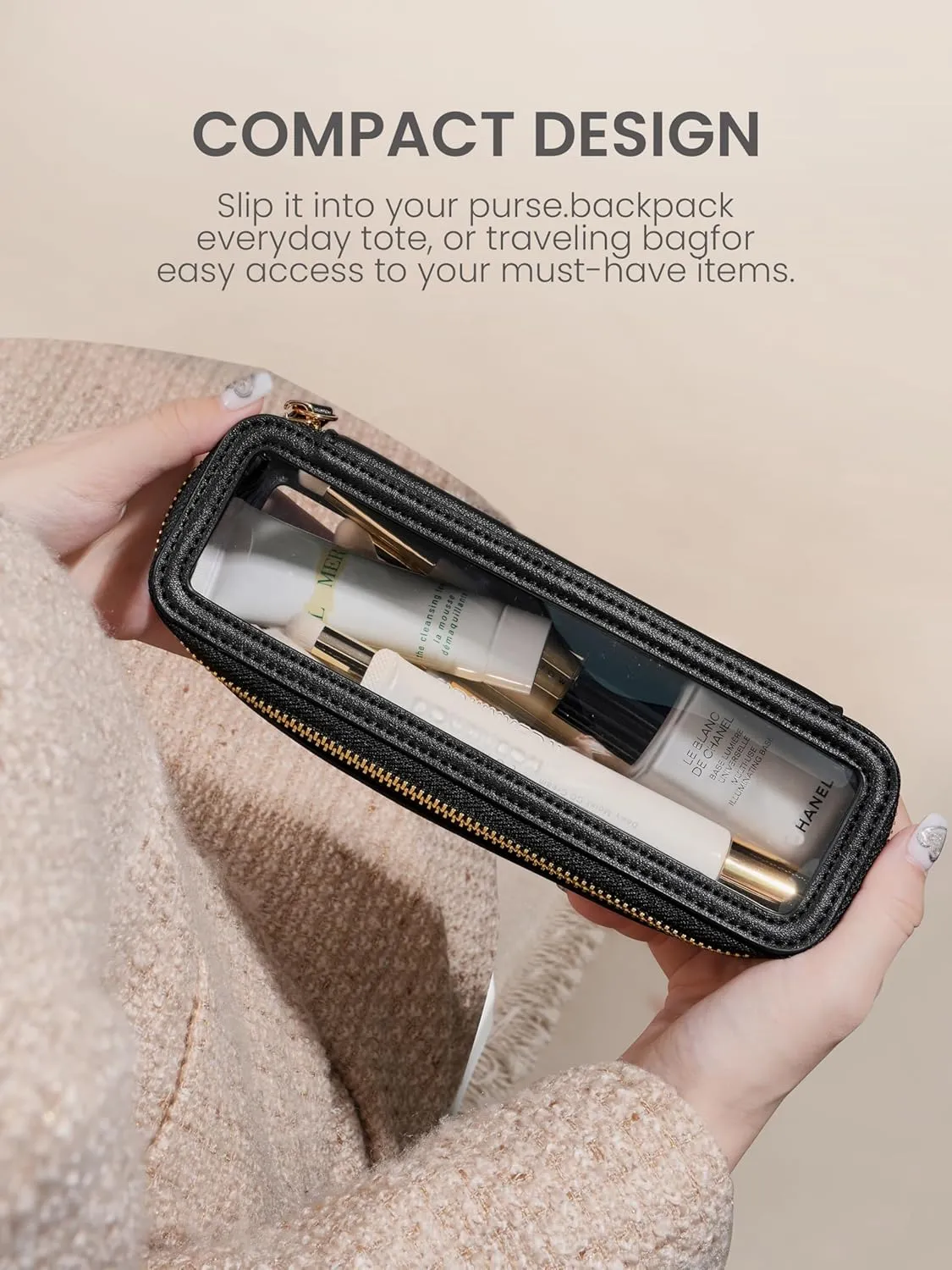ROWNYEON Small Waterproof Toiletry Organizer Train Case, CLear Travel Makeup Bag for Women，Transparent Cosmetic Bag，Portable Makeup Case Organizer (black)