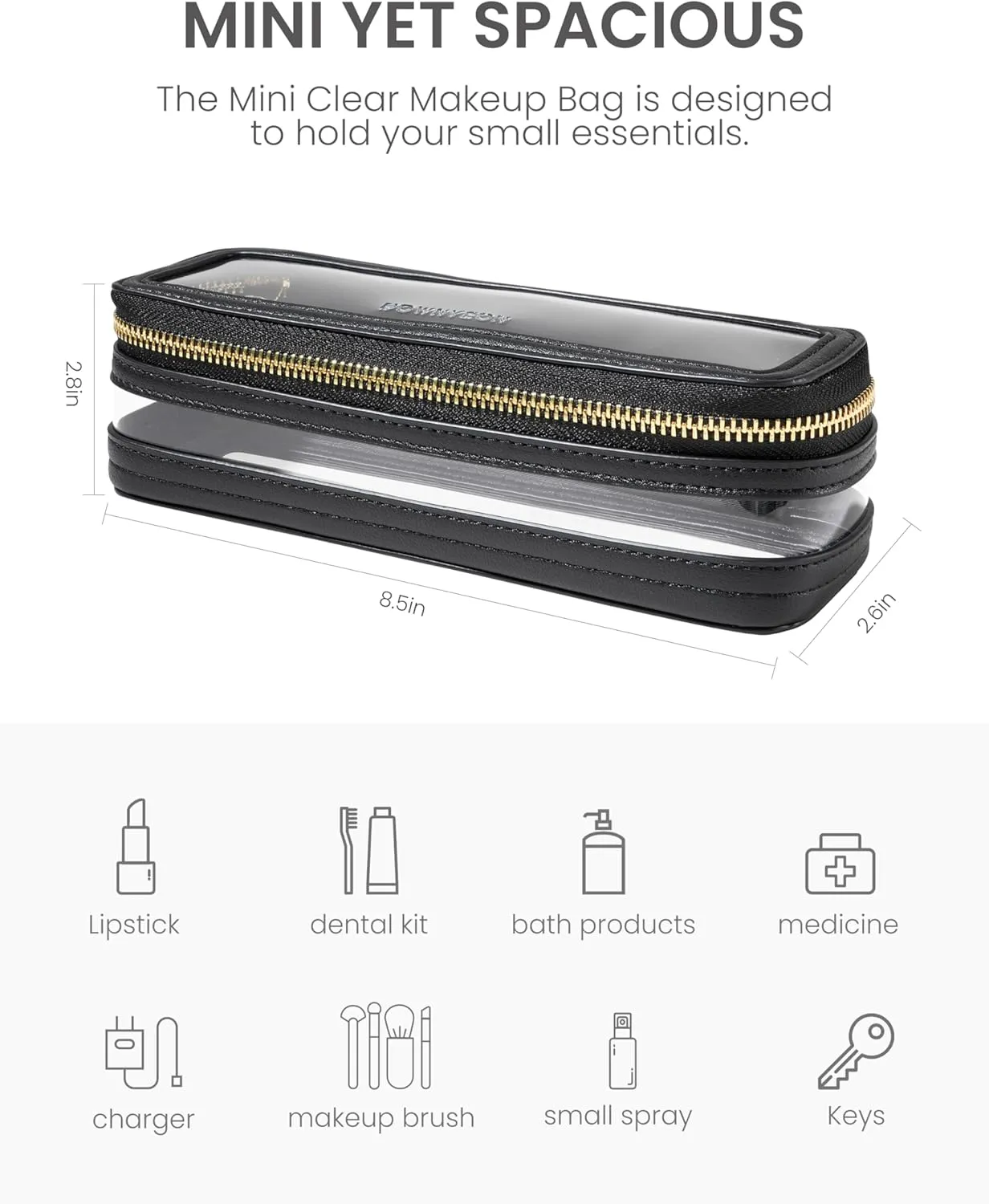 ROWNYEON Small Waterproof Toiletry Organizer Train Case, CLear Travel Makeup Bag for Women，Transparent Cosmetic Bag，Portable Makeup Case Organizer (black)