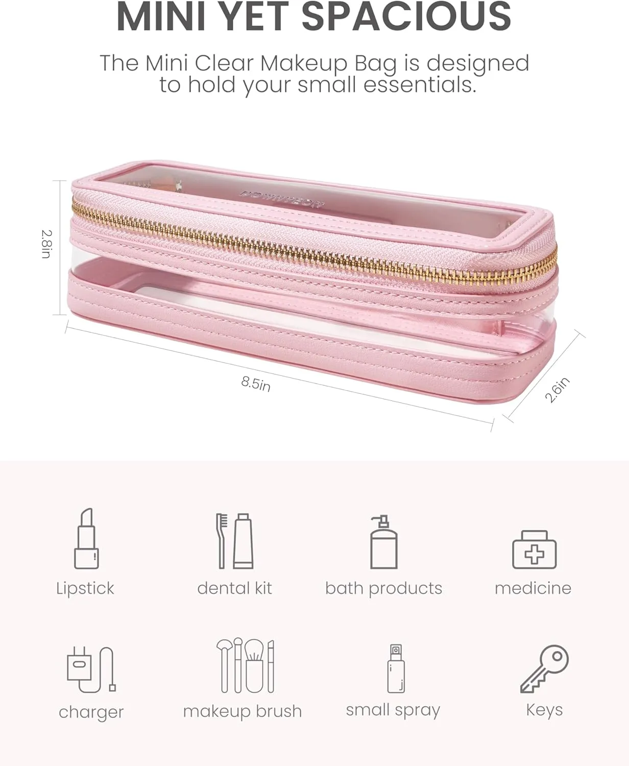ROWNYEON Small Waterproof Toiletry Organizer Train Case, CLear Travel Makeup Bag for Women，Transparent Cosmetic Bag，Portable Makeup Case Organizer (pink)