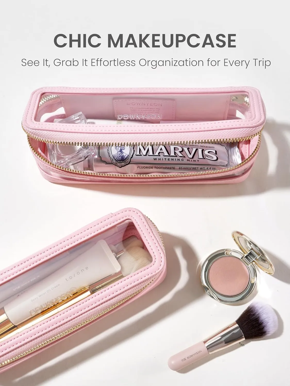 ROWNYEON Small Waterproof Toiletry Organizer Train Case, CLear Travel Makeup Bag for Women，Transparent Cosmetic Bag，Portable Makeup Case Organizer (pink)