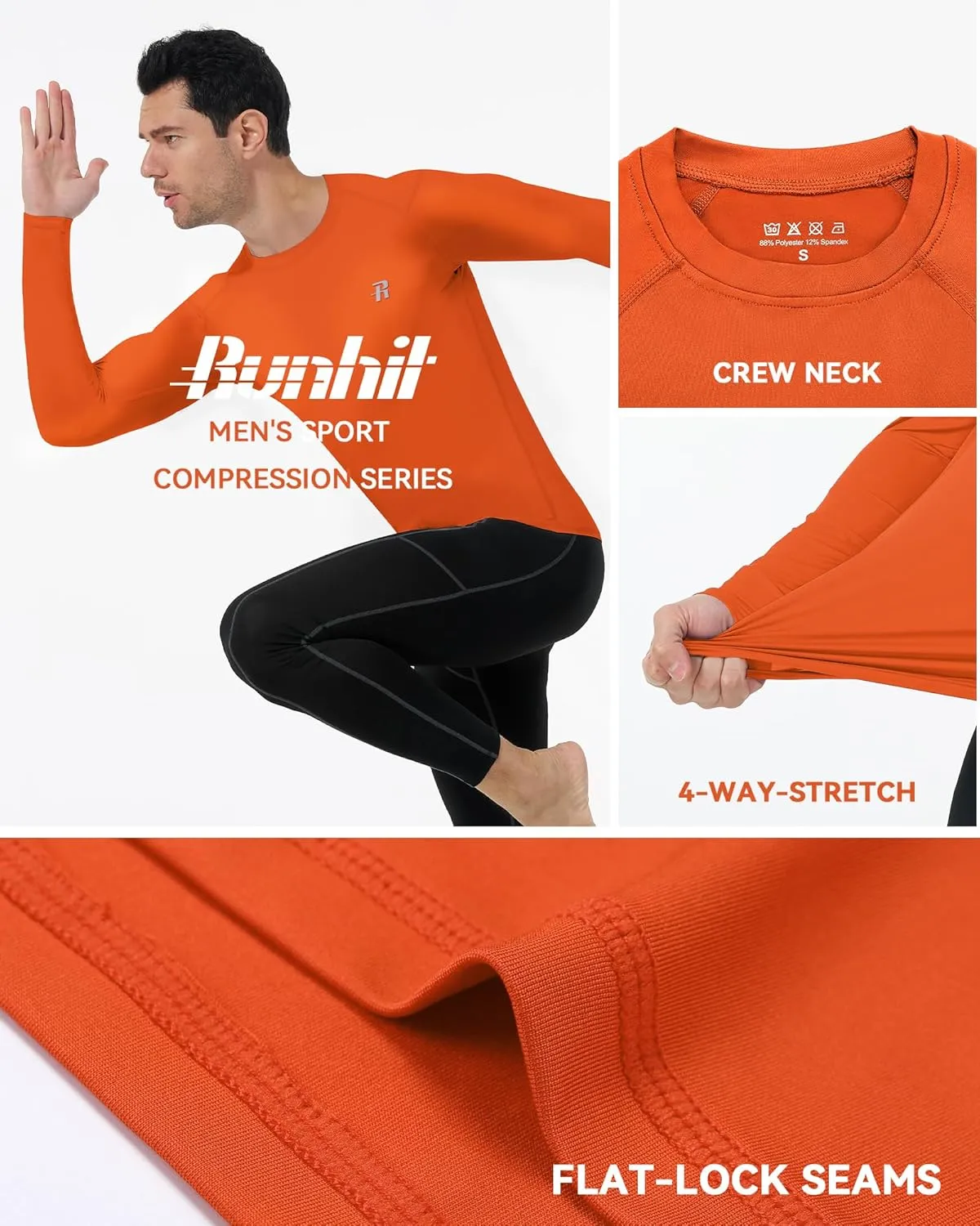 Runhit Long Sleeve Compression Shirts for Men, UPF 50  Men's Compression Shirts, Running Athletic Workout Base Layer