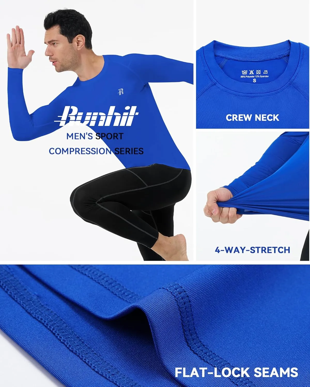 Runhit Long Sleeve Compression Shirts for Men, UPF 50  Men's Compression Shirts, Running Athletic Workout Base Layer