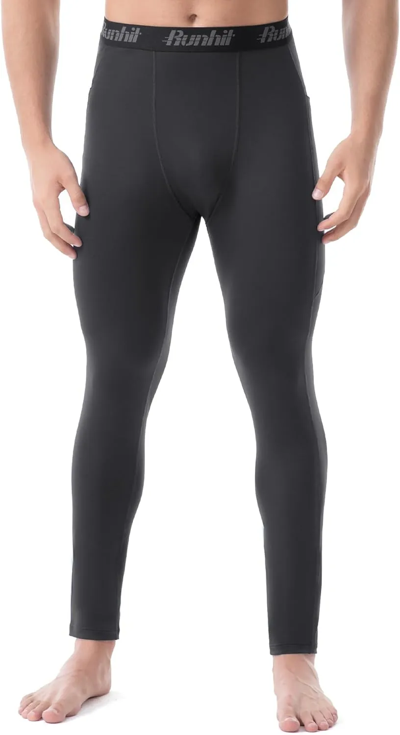 Runhit Men's Thermal Compression Pants with Pockets Fleece Lined Base Layer for Cold Weather Football Running Leggings Tights