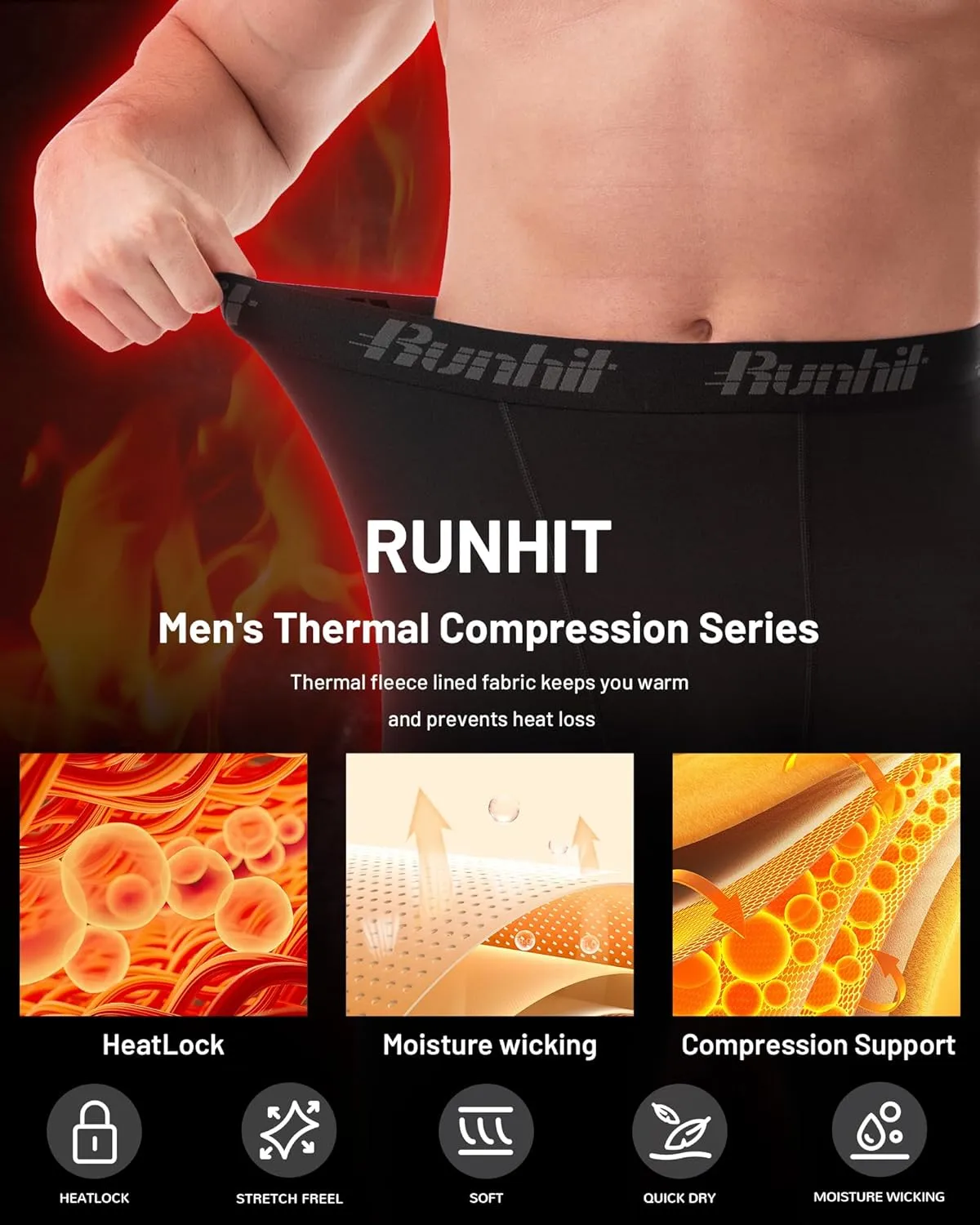 Runhit Men's Thermal Compression Pants with Pockets Fleece Lined Base Layer for Cold Weather Football Running Leggings Tights