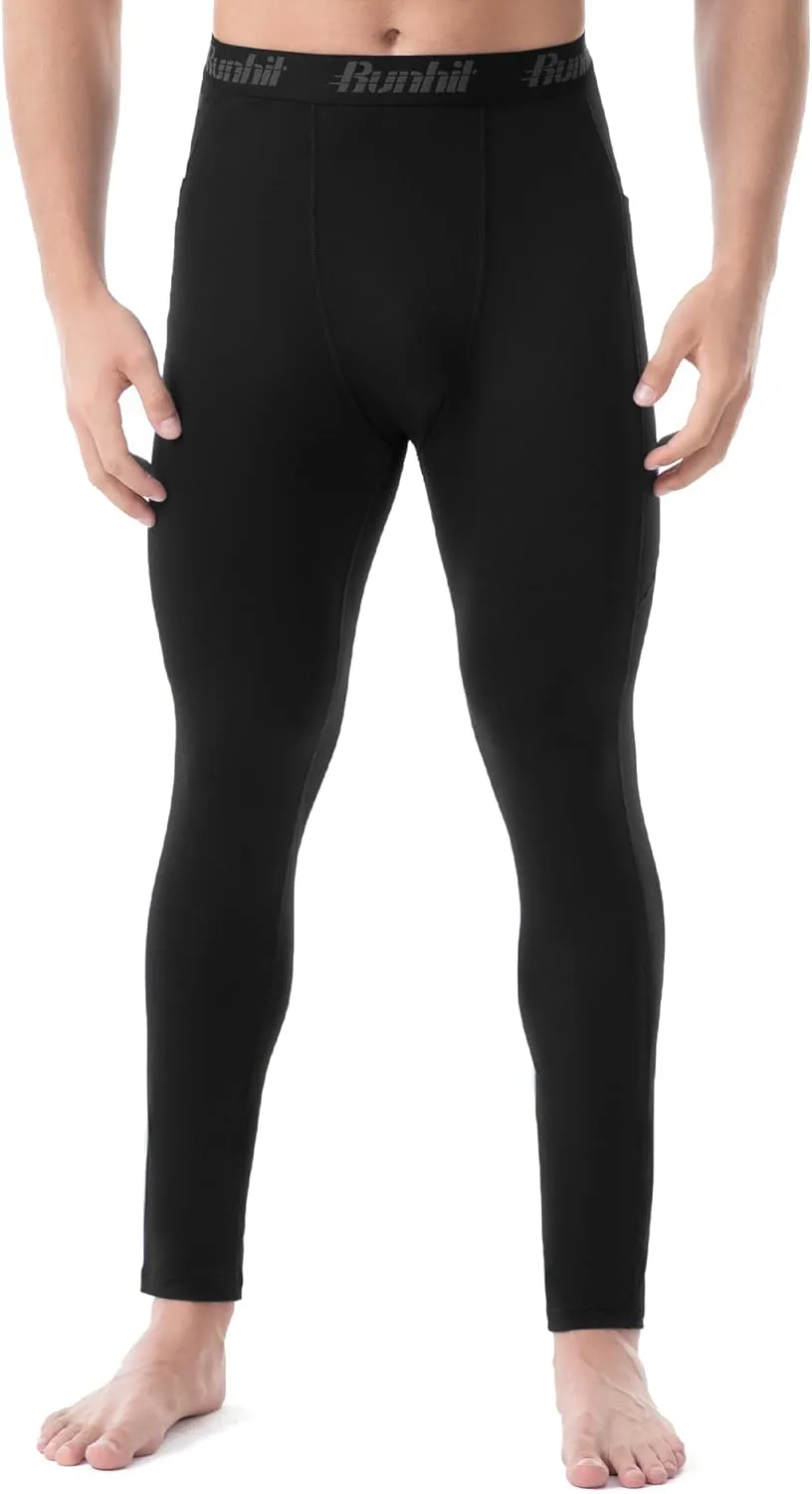 Runhit Men's Thermal Compression Pants with Pockets Fleece Lined Base Layer for Cold Weather Football Running Leggings Tights