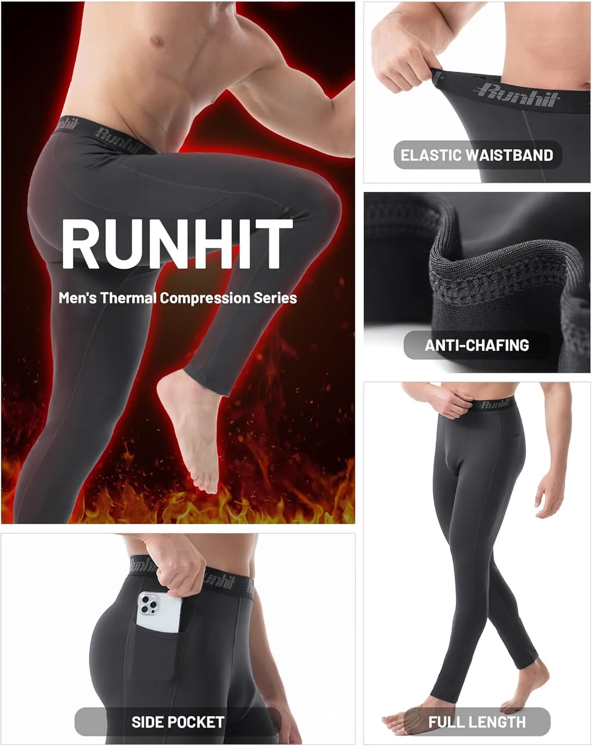 Runhit Men's Thermal Compression Pants with Pockets Fleece Lined Base Layer for Cold Weather Football Running Leggings Tights