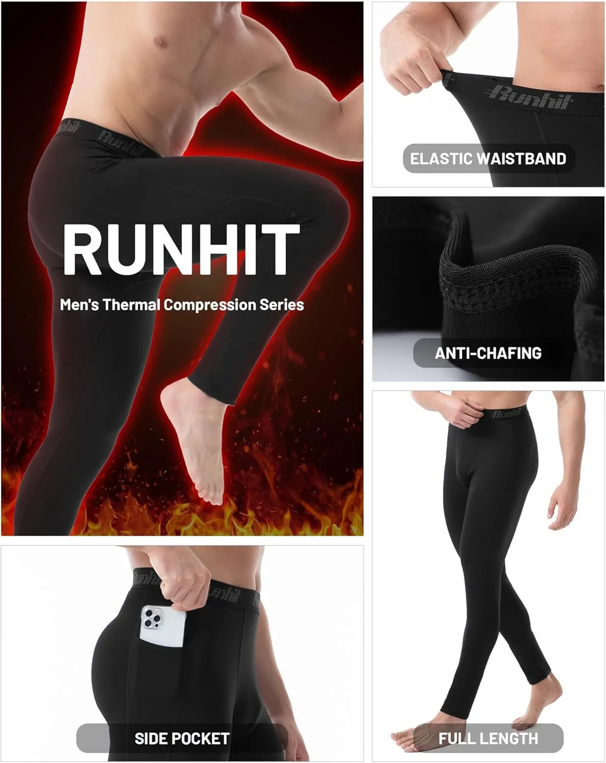 Runhit Men's Thermal Compression Pants with Pockets Fleece Lined Base Layer for Cold Weather Football Running Leggings Tights
