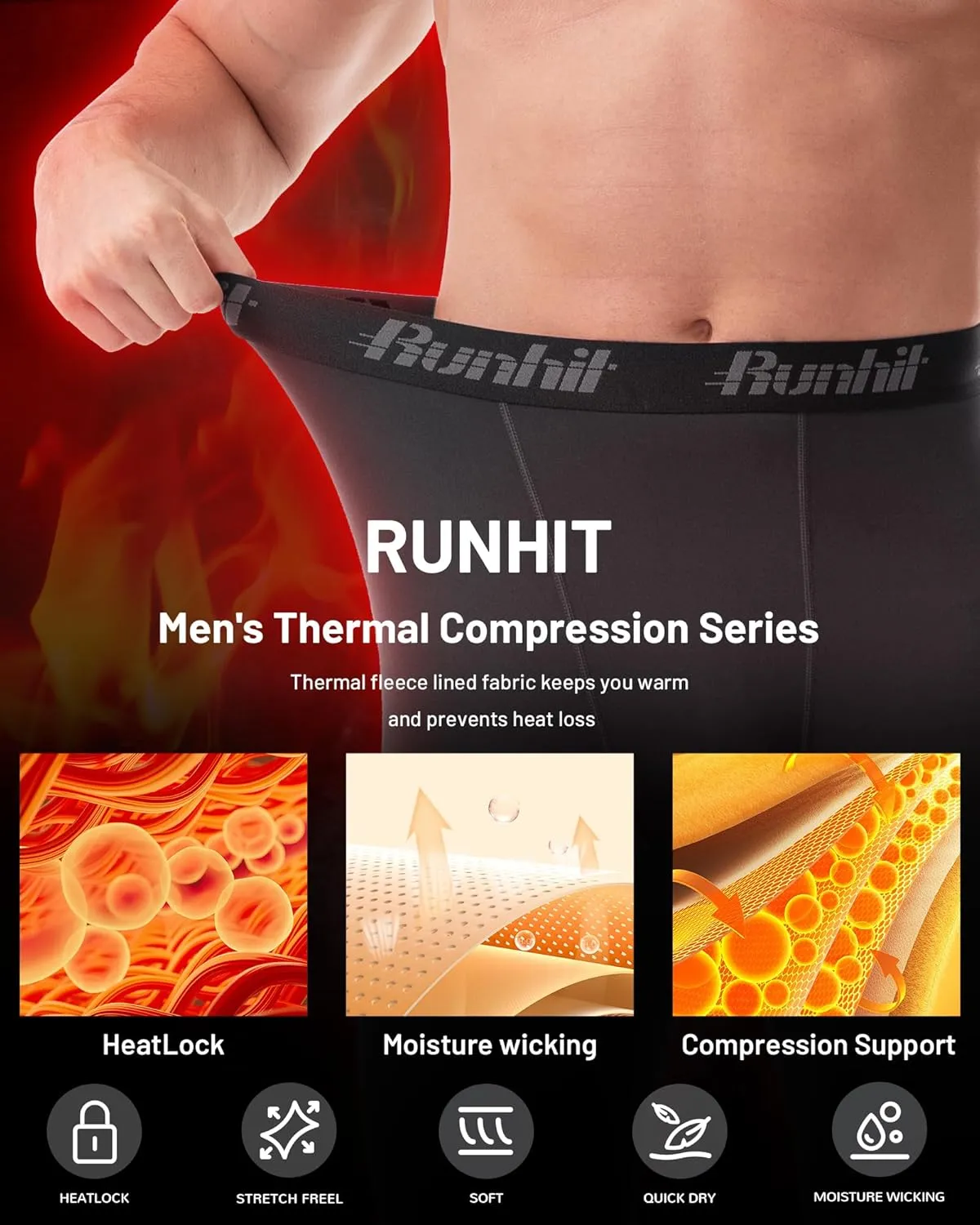 Runhit Men's Thermal Compression Pants with Pockets Fleece Lined Base Layer for Cold Weather Football Running Leggings Tights