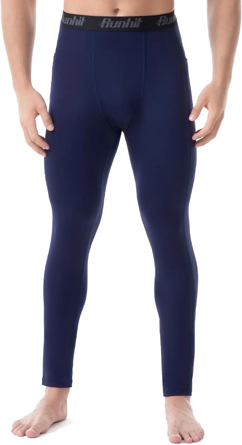 Runhit Men's Thermal Compression Pants with Pockets Fleece Lined Base Layer for Cold Weather Football Running Leggings Tights