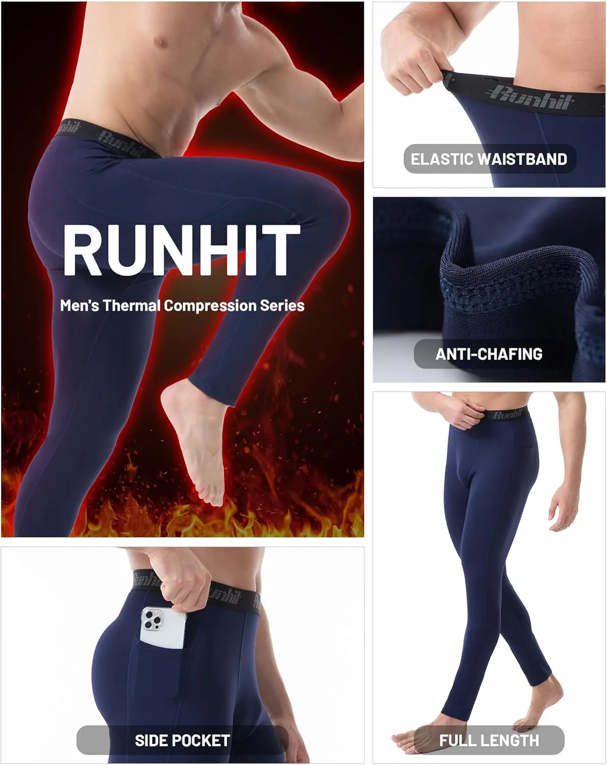 Runhit Men's Thermal Compression Pants with Pockets Fleece Lined Base Layer for Cold Weather Football Running Leggings Tights