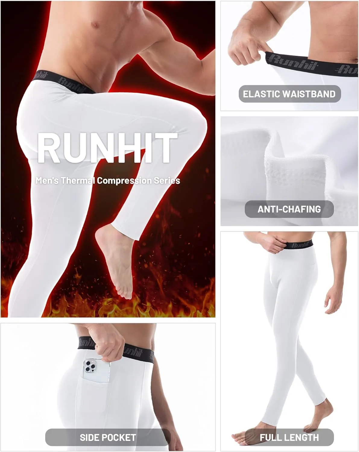 Runhit Men's Thermal Compression Pants with Pockets Fleece Lined Base Layer for Cold Weather Football Running Leggings Tights