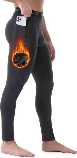 Runhit Men's Thermal Compression Pants with Pockets Fleece Lined Base Layer for Cold Weather Football Running Leggings Tights