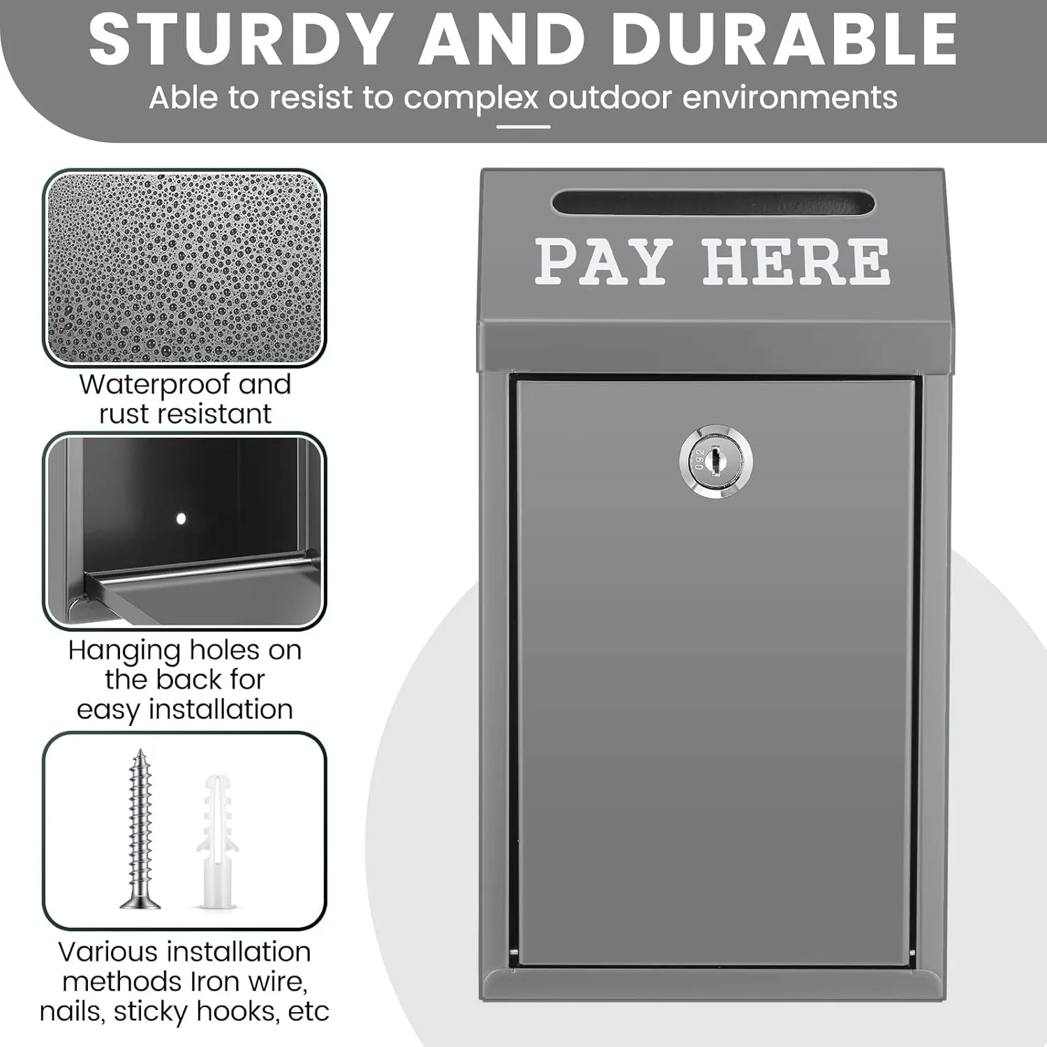 Safe Cash Box Money Collection Metal Donation Box with Lock Wall Mount Pre Drilled Mailbox Delivery Ballot for Home Office Outdoor Self Serve Stand(Grey,10.2 x 5.7 x 2.8 Inch)