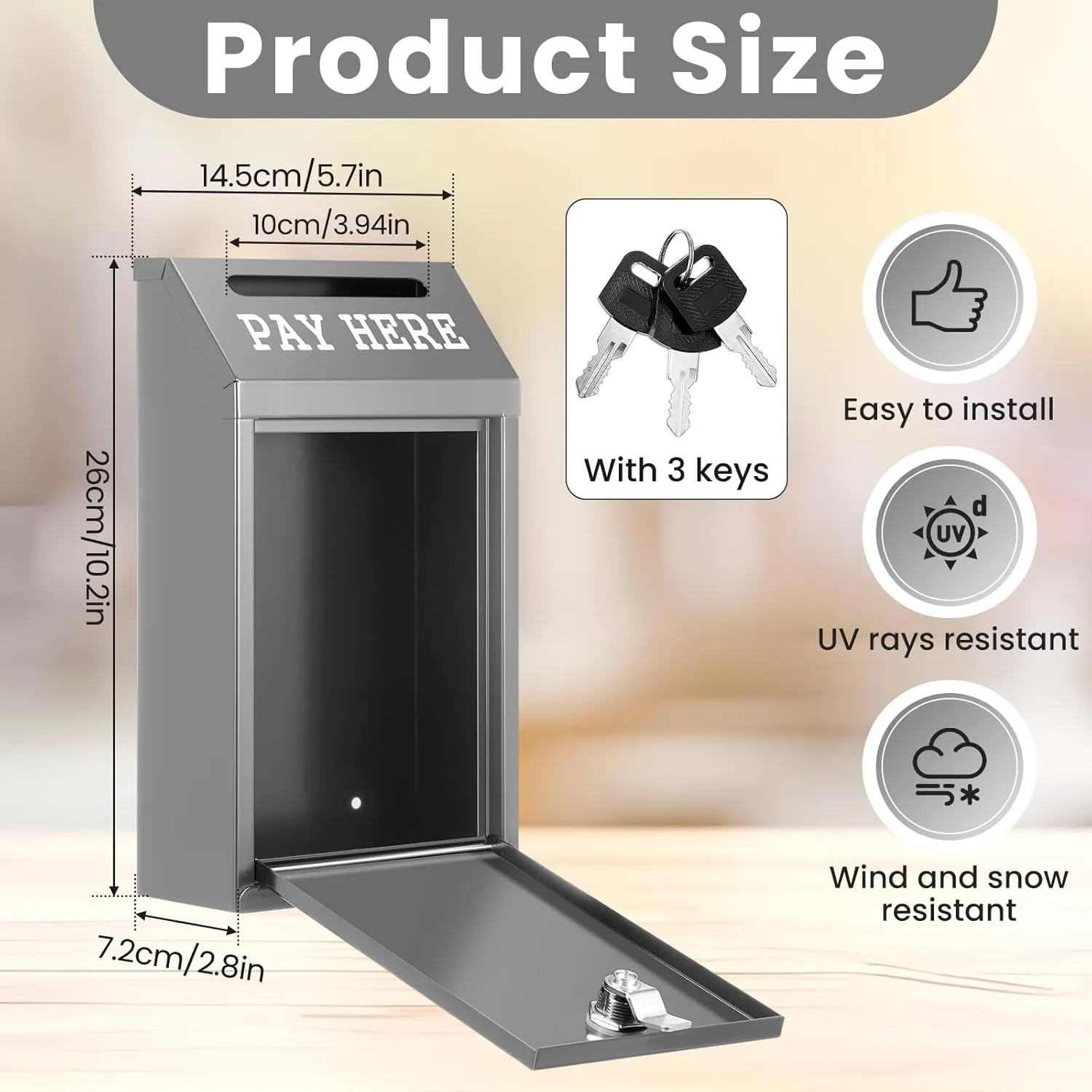 Safe Cash Box Money Collection Metal Donation Box with Lock Wall Mount Pre Drilled Mailbox Delivery Ballot for Home Office Outdoor Self Serve Stand(Grey,10.2 x 5.7 x 2.8 Inch)