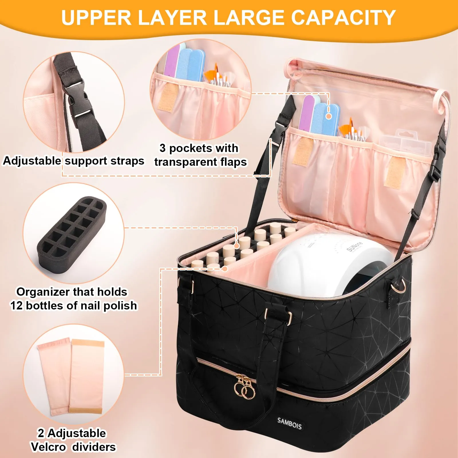 Sambois Nail Polish Organizer Bag Holds 54 Bottles (15ml/0.5 fl.oz)& Nail Lamp, PU Leather Nail Supplies Organizer with Holder& Shoulder Strap, Portable Travel Nail Kit Storage Carrying Case (Black)