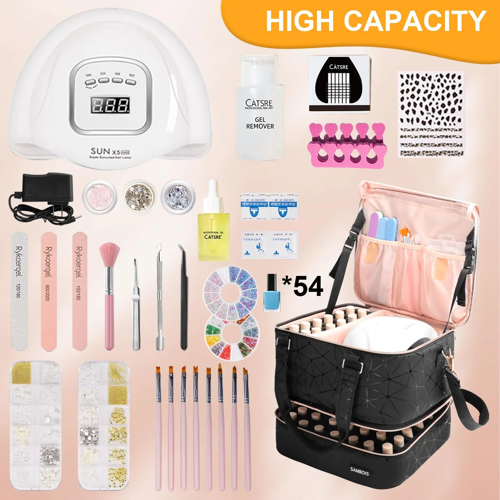 Sambois Nail Polish Organizer Bag Holds 54 Bottles (15ml/0.5 fl.oz)& Nail Lamp, PU Leather Nail Supplies Organizer with Holder& Shoulder Strap, Portable Travel Nail Kit Storage Carrying Case (Black)