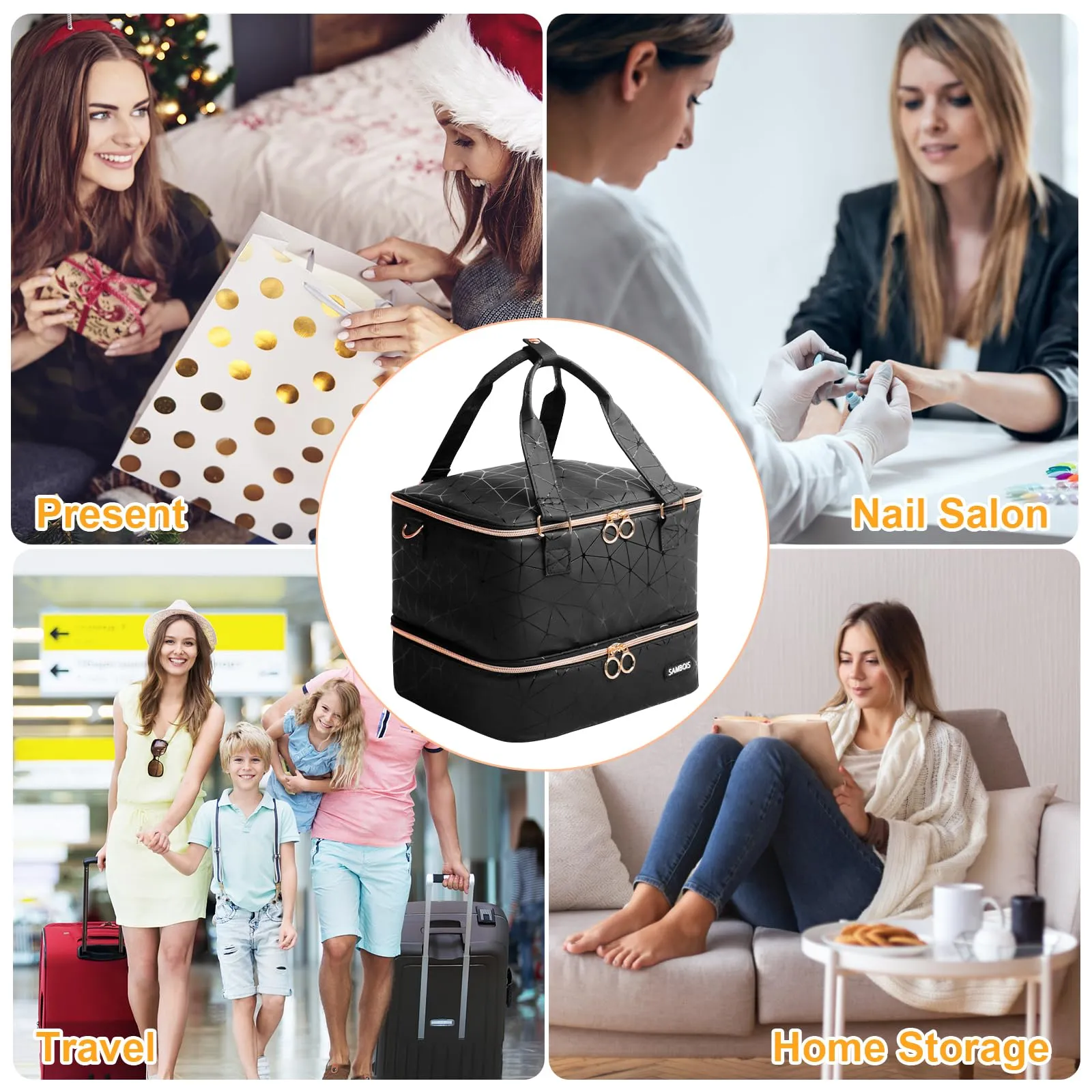 Sambois Nail Polish Organizer Bag Holds 54 Bottles (15ml/0.5 fl.oz)& Nail Lamp, PU Leather Nail Supplies Organizer with Holder& Shoulder Strap, Portable Travel Nail Kit Storage Carrying Case (Black)
