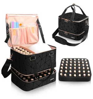 Sambois Nail Polish Organizer Bag Holds 54 Bottles (15ml/0.5 fl.oz)& Nail Lamp, PU Leather Nail Supplies Organizer with Holder& Shoulder Strap, Portable Travel Nail Kit Storage Carrying Case (Black)