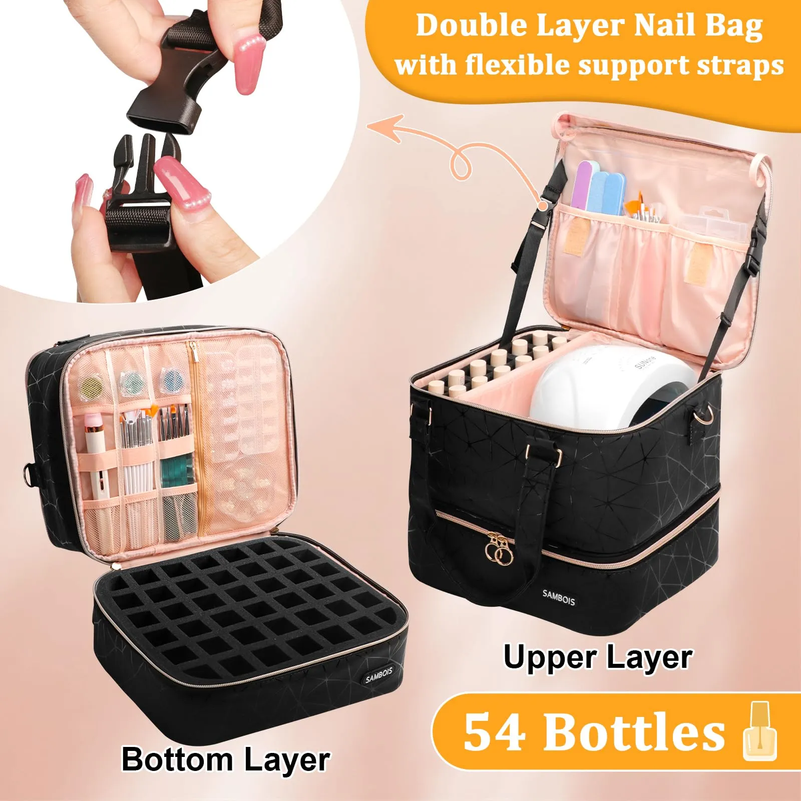 Sambois Nail Polish Organizer Bag Holds 54 Bottles (15ml/0.5 fl.oz)& Nail Lamp, PU Leather Nail Supplies Organizer with Holder& Shoulder Strap, Portable Travel Nail Kit Storage Carrying Case (Black)