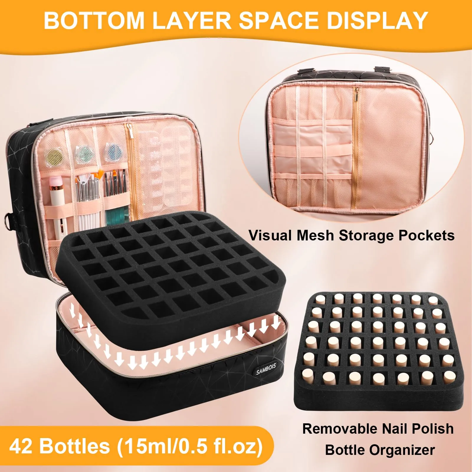Sambois Nail Polish Organizer Bag Holds 54 Bottles (15ml/0.5 fl.oz)& Nail Lamp, PU Leather Nail Supplies Organizer with Holder& Shoulder Strap, Portable Travel Nail Kit Storage Carrying Case (Black)
