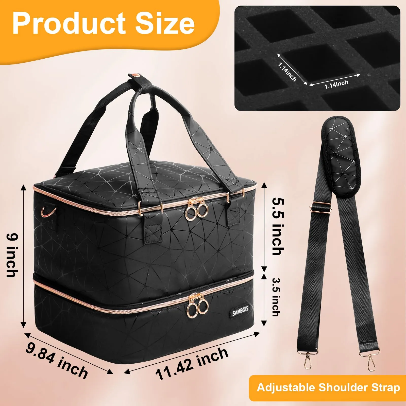 Sambois Nail Polish Organizer Bag Holds 54 Bottles (15ml/0.5 fl.oz)& Nail Lamp, PU Leather Nail Supplies Organizer with Holder& Shoulder Strap, Portable Travel Nail Kit Storage Carrying Case (Black)