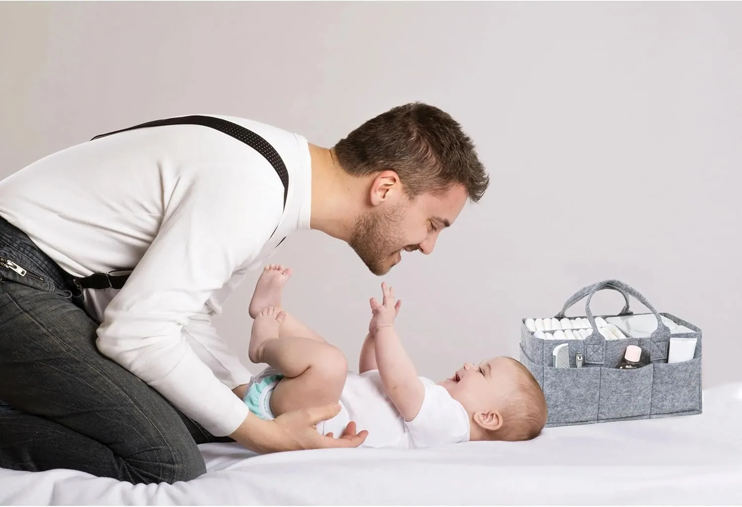 Sammy & Lou Collapsible Light Gray Felt Storage Caddy, Divided Design To Keep Diapers, Wipes And Changing Items Organized, Two Handles, 11.5"D x 6"W x 8"H