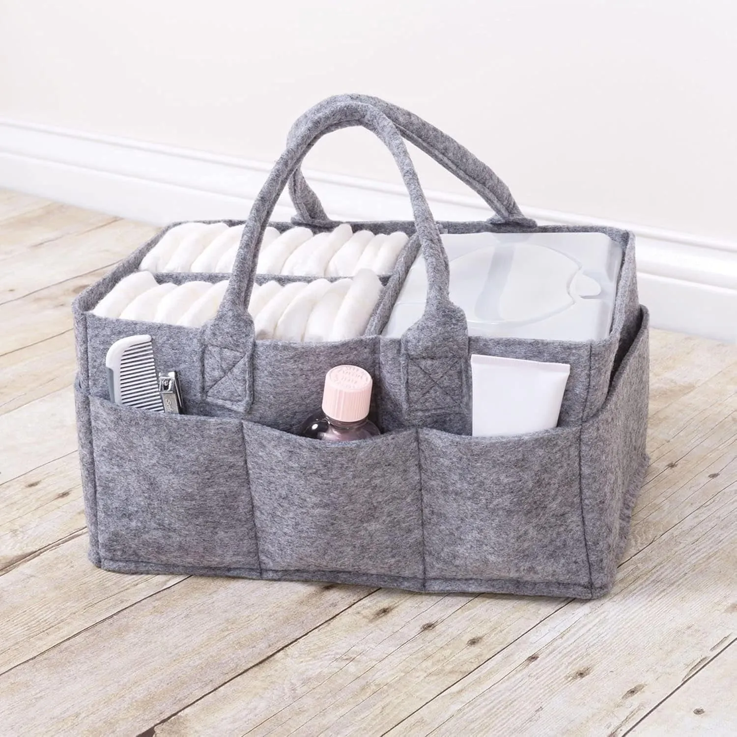 Sammy & Lou Collapsible Light Gray Felt Storage Caddy, Divided Design To Keep Diapers, Wipes And Changing Items Organized, Two Handles, 11.5"D x 6"W x 8"H