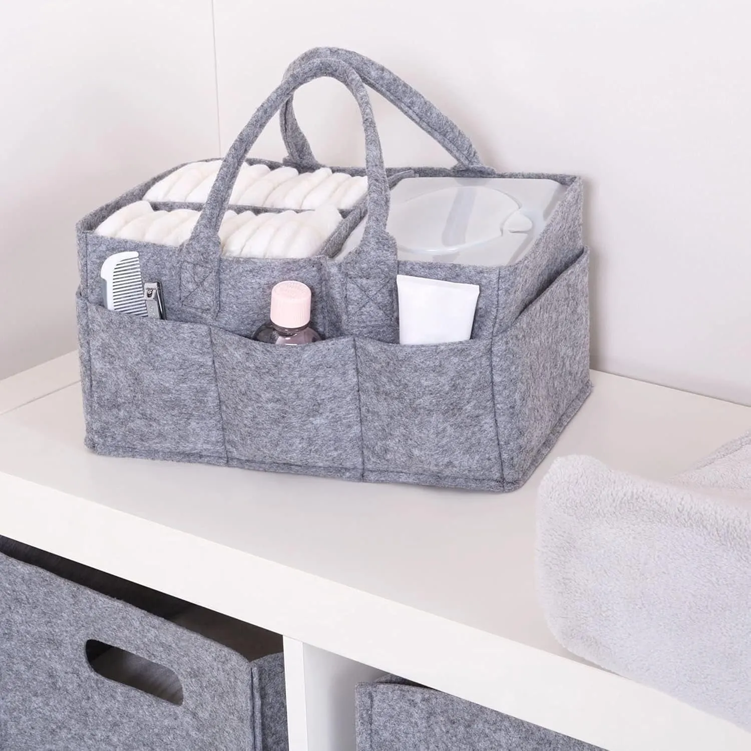 Sammy & Lou Collapsible Light Gray Felt Storage Caddy, Divided Design To Keep Diapers, Wipes And Changing Items Organized, Two Handles, 11.5"D x 6"W x 8"H