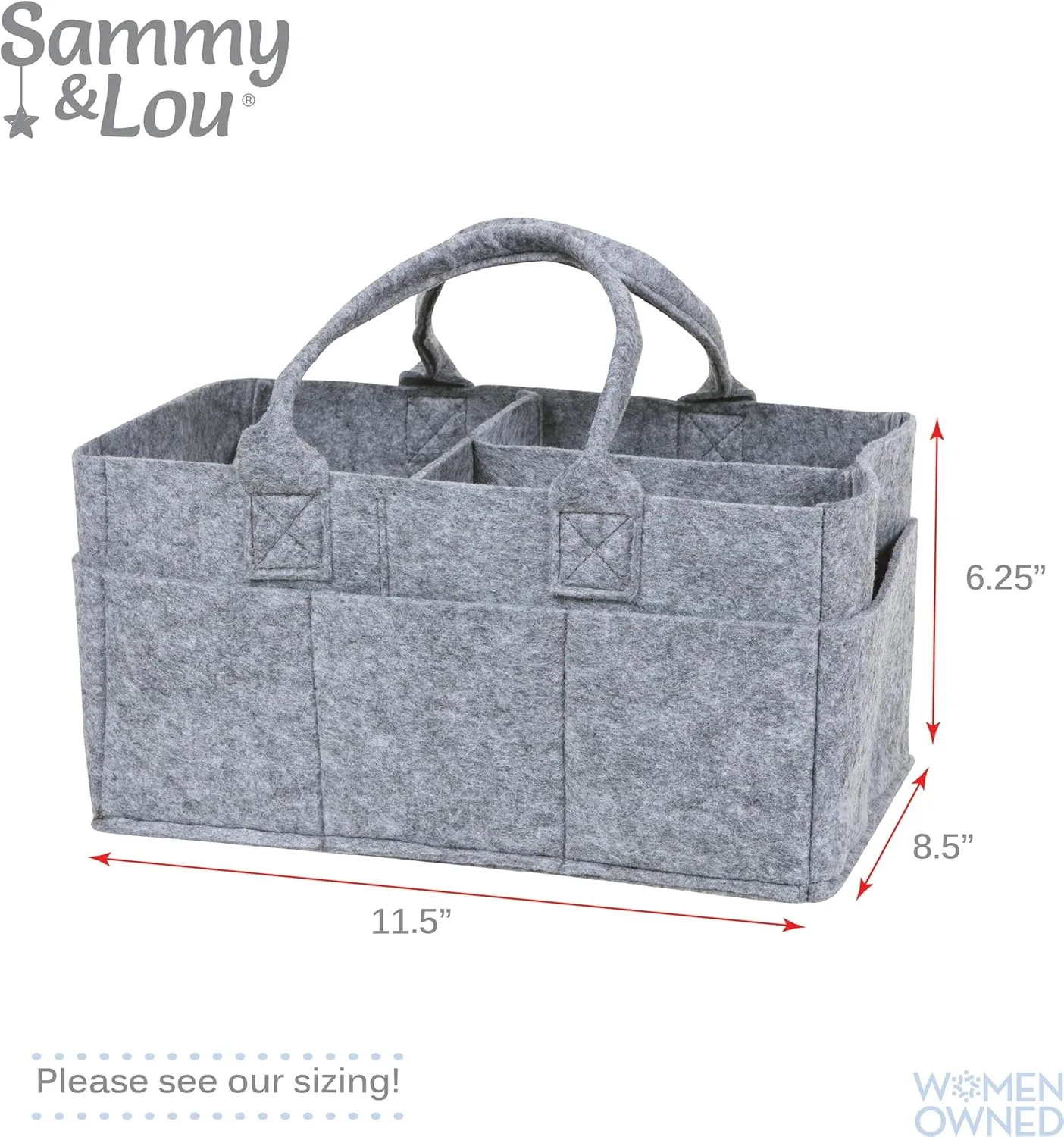 Sammy & Lou Collapsible Light Gray Felt Storage Caddy, Divided Design To Keep Diapers, Wipes And Changing Items Organized, Two Handles, 11.5"D x 6"W x 8"H